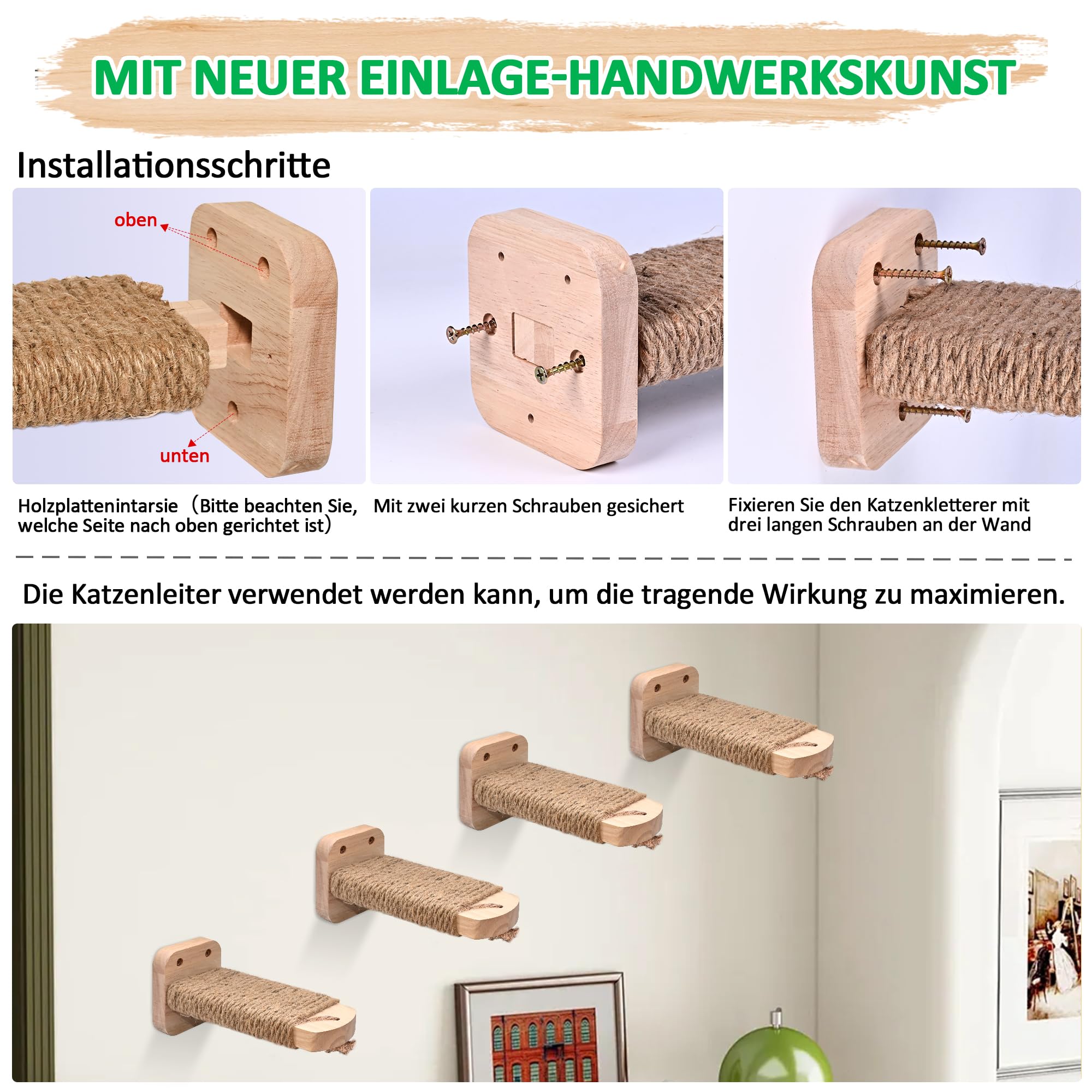 Katzentreppe Wand(1pcs), Kletterwand Katzen, Wandliege Katzen, mit Einlage-Handwerkskunst, aus 2cm Massives Gummiholz, für Katze Klettern Spielen, Maximale Tragfähigkeit 35kg