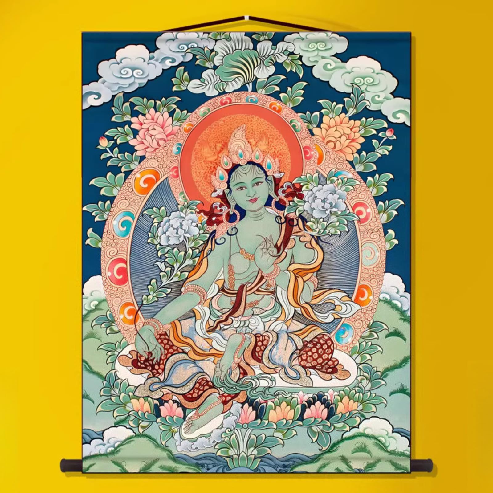 FENNYYAR Grüne Tara Thangka Wandgemälde Wohnzimmer, 75 cm, Dekoration Tibet Haushalt Bodhisattva Wandbild