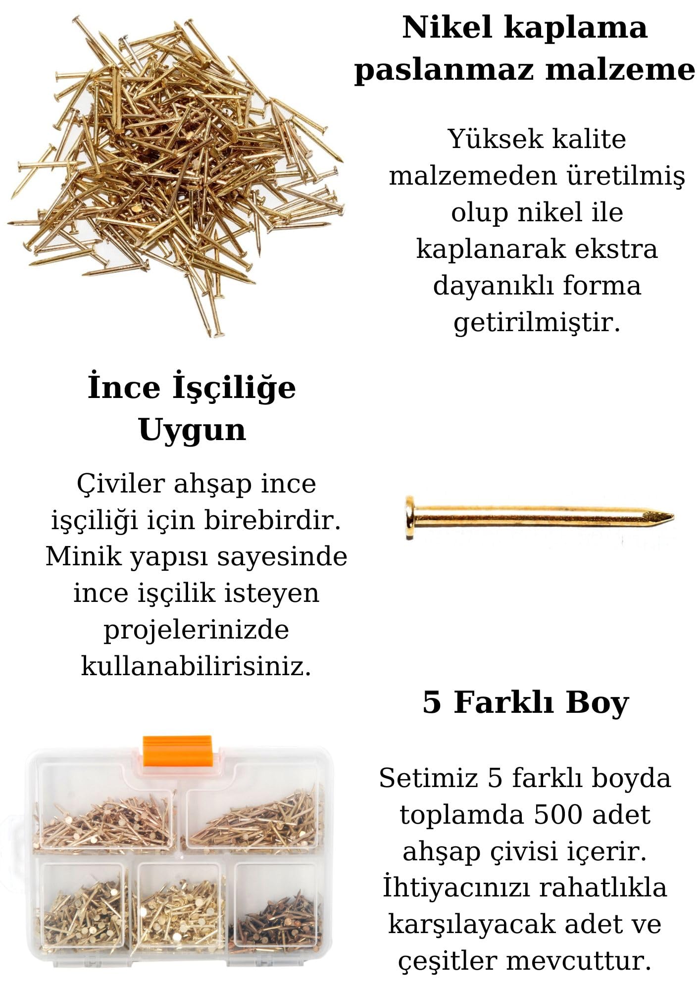 Netzerkoz 500 Adet 5 Çeşit Nikel Kaplı Küçük Dekoratif Ahşap Çivileri- Süs eşyaları, İnce işçilik için