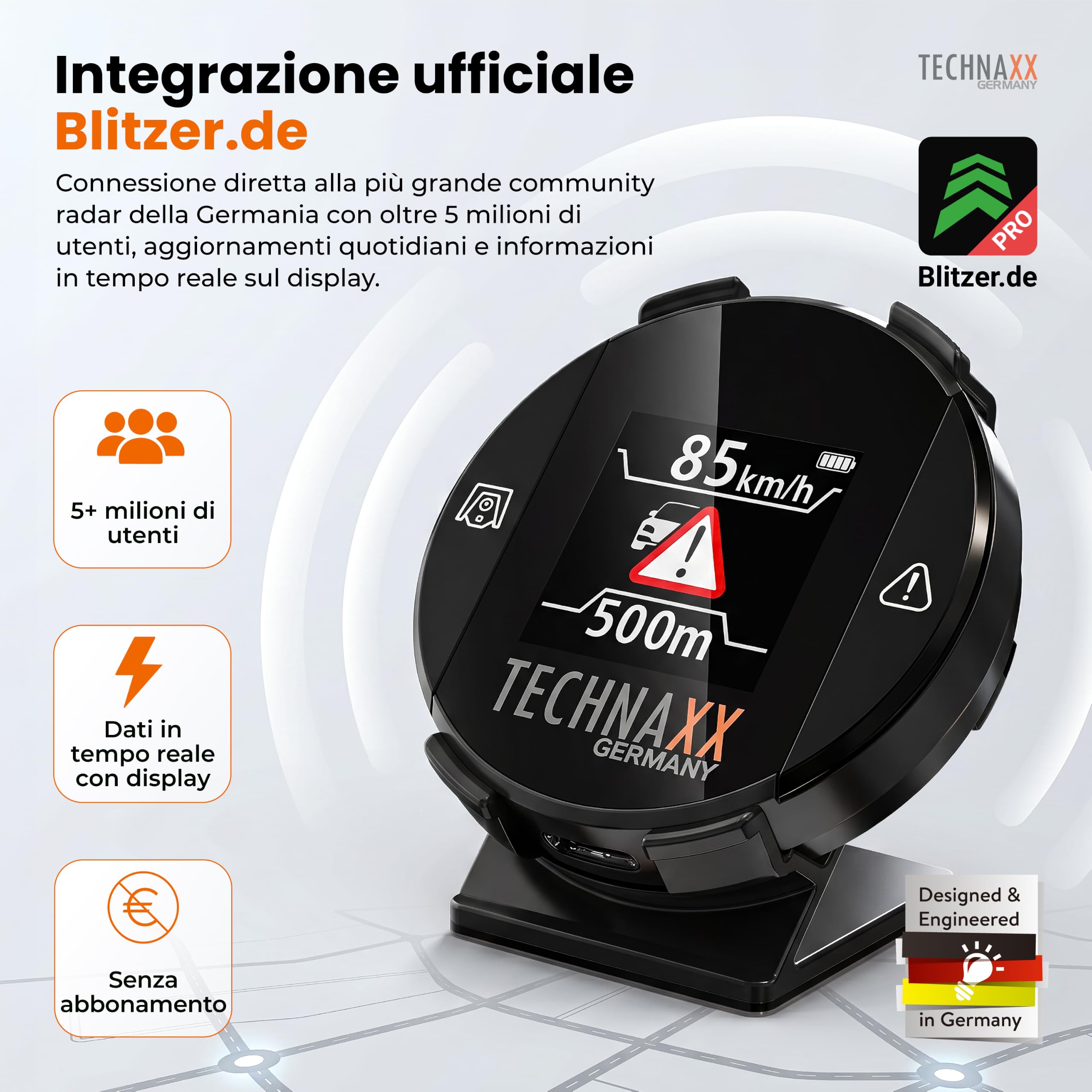 Technaxx Rilevatore di Radar con Blitzer.de – Dispositivo di Allerta con Display, Avvisi su Limiti di Velocità e Pericoli, Visualizzazione in Tempo Reale, Attivazione Automatica - TX-388