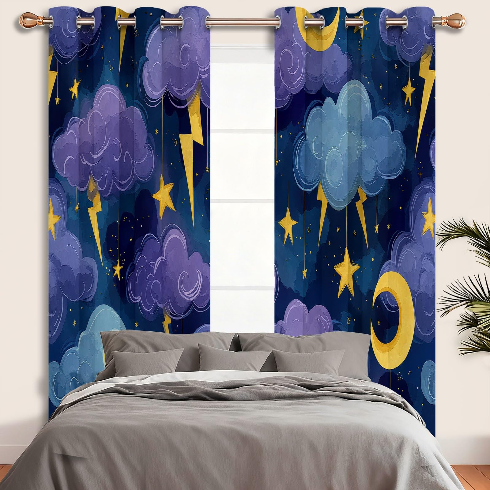 Générique Rideau Occultant, Aquarelle Onirique Motif Rideaux Thermiques à Oeillets, Étoiles Lune Nuages Éclairs Rideaux Imprimé pour Salon Chambre Fenetre Décoration, 70 X 200 cm (LxH), Lot de 2