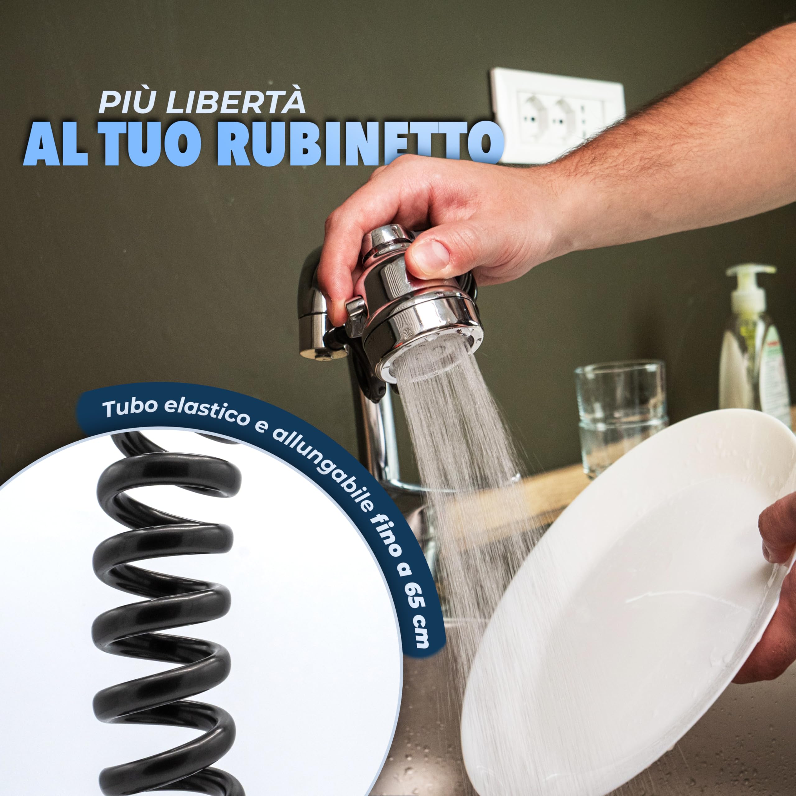 Prolunga Rubinetto con Doccetta Universale, 3 Getti Regolabili, Tubo Elastico Estensibile fino a 65 cm, Filtro Integrato - 3