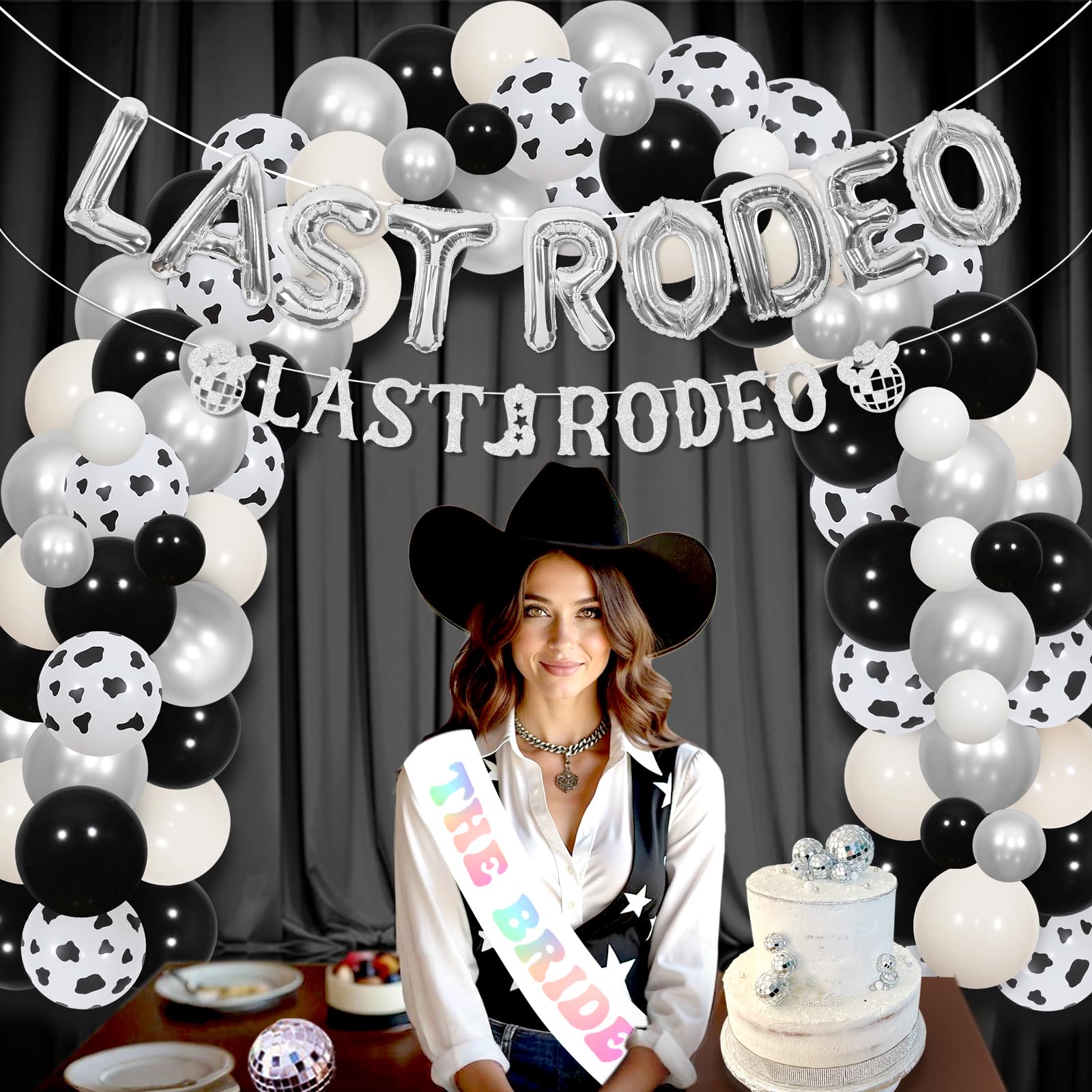 Decoración de despedida de soltera de vaquera plateada con el último rodeo, globo láser de la novia, banda de vaquera occidental, flecos para último rodeo, decoración de despedida de soltera