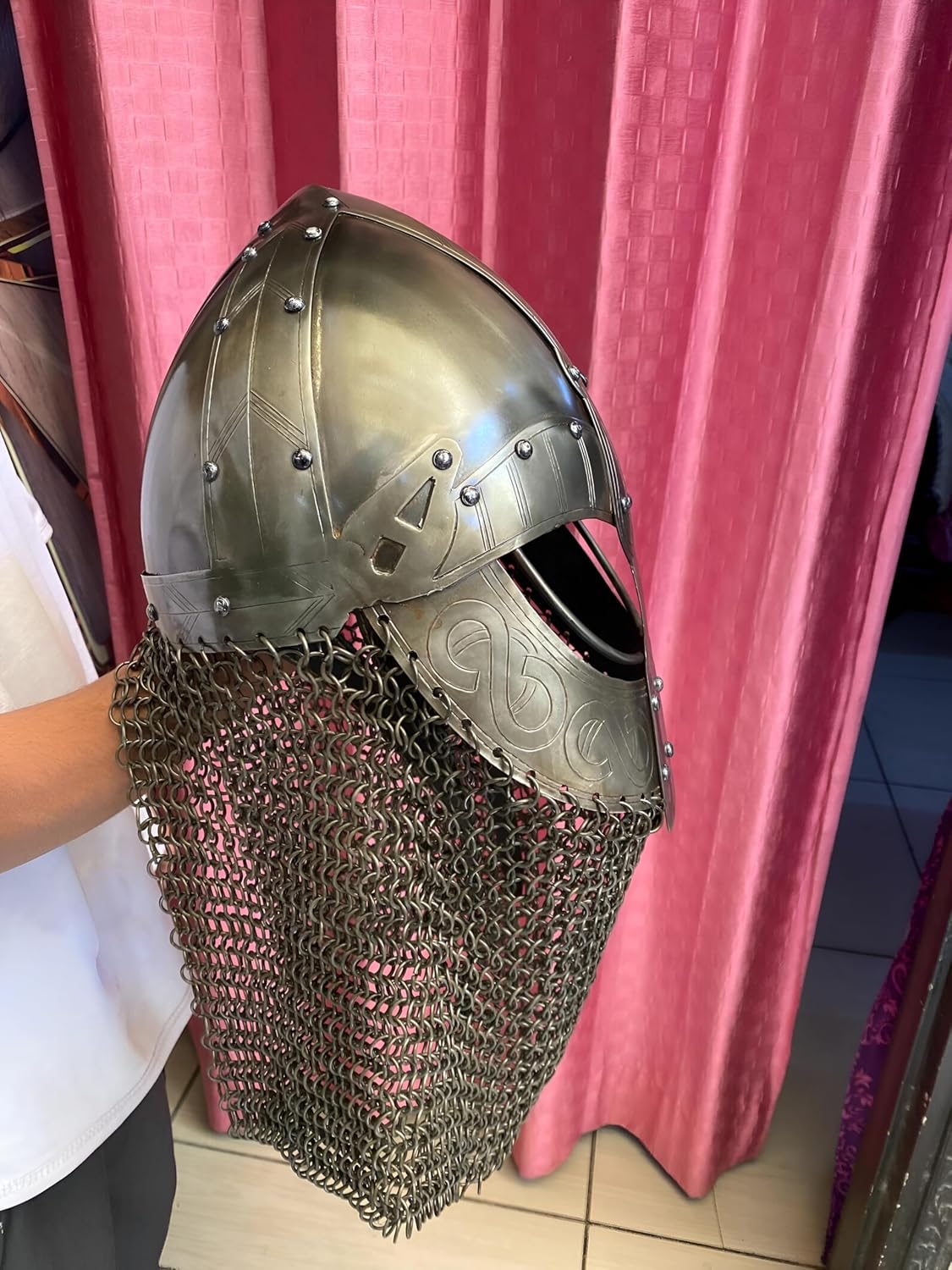 Medieval Wearable Norman Viking Helmet with Chainmail Coif – Handmade Antique Brass Steel Knight Helmet for LARP, Cosplay, Reenactment & Costume – Adult Size 24–25 Inch Head Circumference