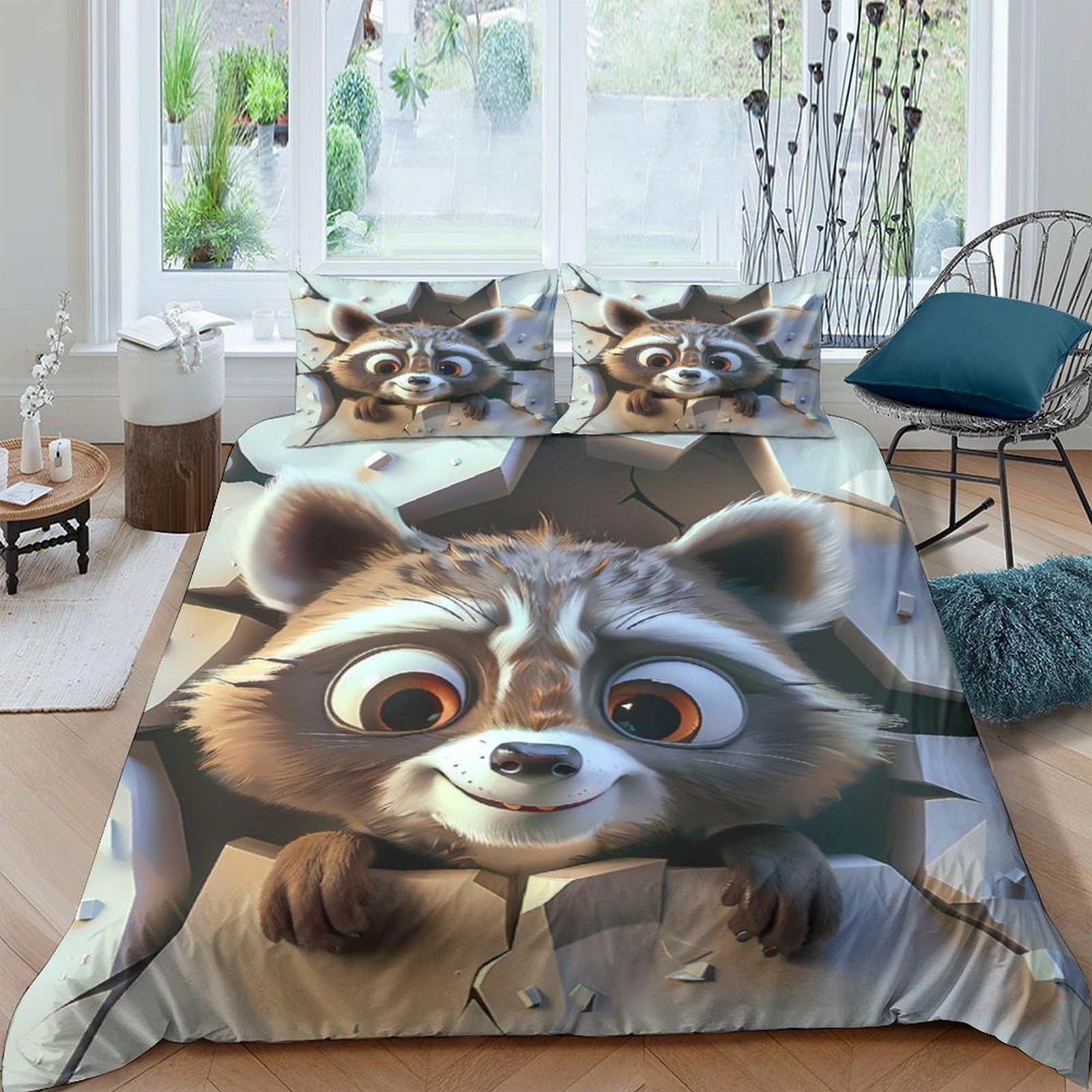 Ctjqhvkz Style-4 3D Printed Cartoon Raccoon Fitted Sheet Microfiber Soft Non-Slip Mattress Cover Animal Pattern For Bedroom Guest Room Decor Single（135X200cm）