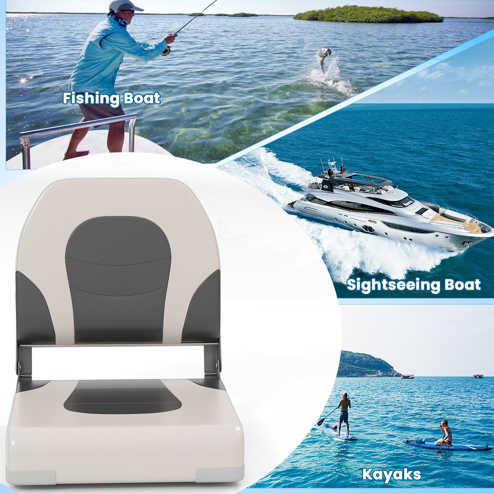 HOMASIS 2 Asientos Plegables para Barco, 44 × 43 × 50 cm, Sillas de Yate Ergonómico con Acolchadas Impermeable y Respaldo Alto, con Correas y Tornillos de Fijación, Juego de 2 para fijación,Pesca