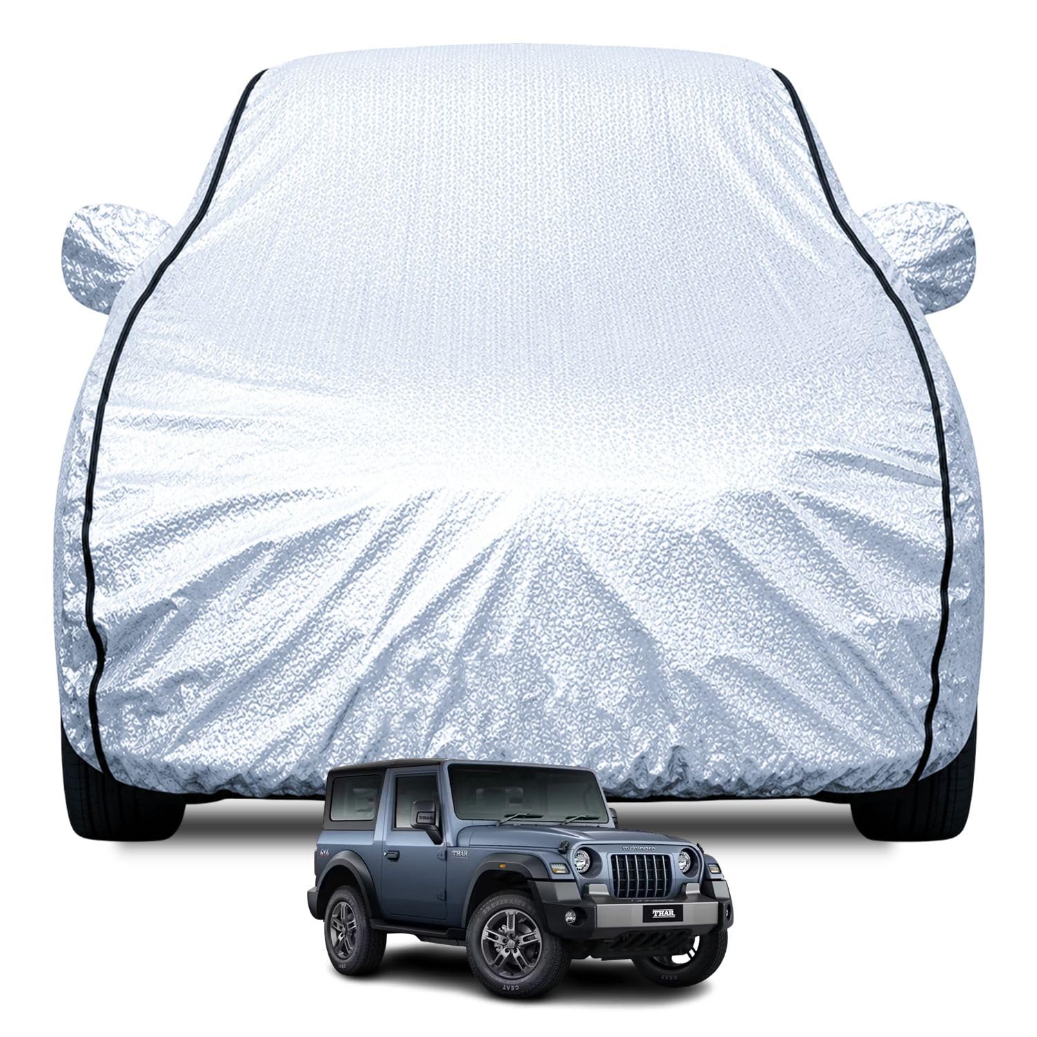 FABTEC Waterproof Car Body Cover for Mahindra Thar with Mirror Pocket, Soft Cotton Lining, Triple Stitched (Heat Resistant Metallic Silver with Black Piping)