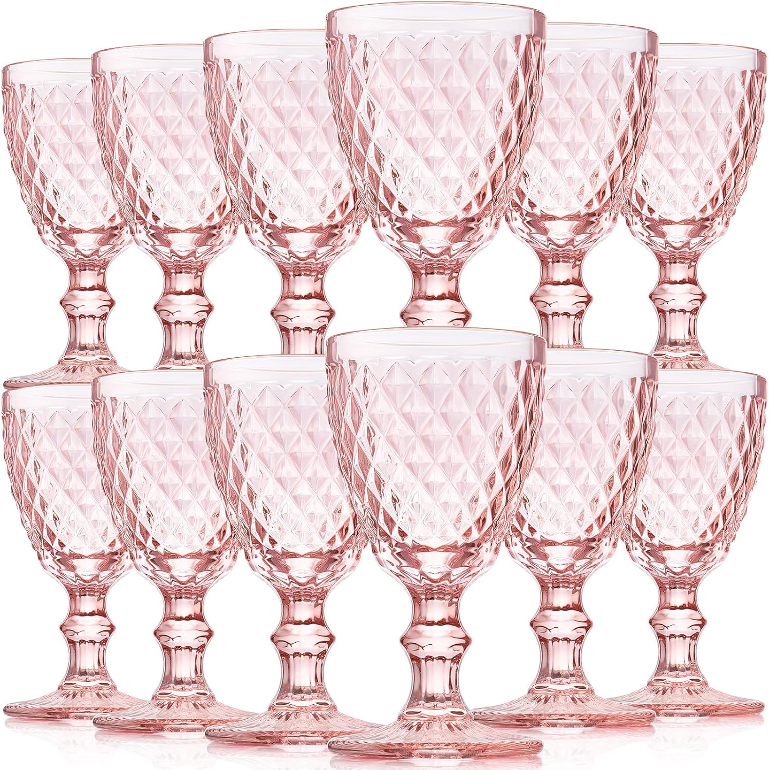 Lallisa 12 Pcs Pink Wine Glass Set Vintage Glassware Pink Goblets 8 oz Embossed Drinking Glass with Stem High Clear Stemmed Cups Goblet for Wedding Party Banquet Feast Bar, Daily Use
