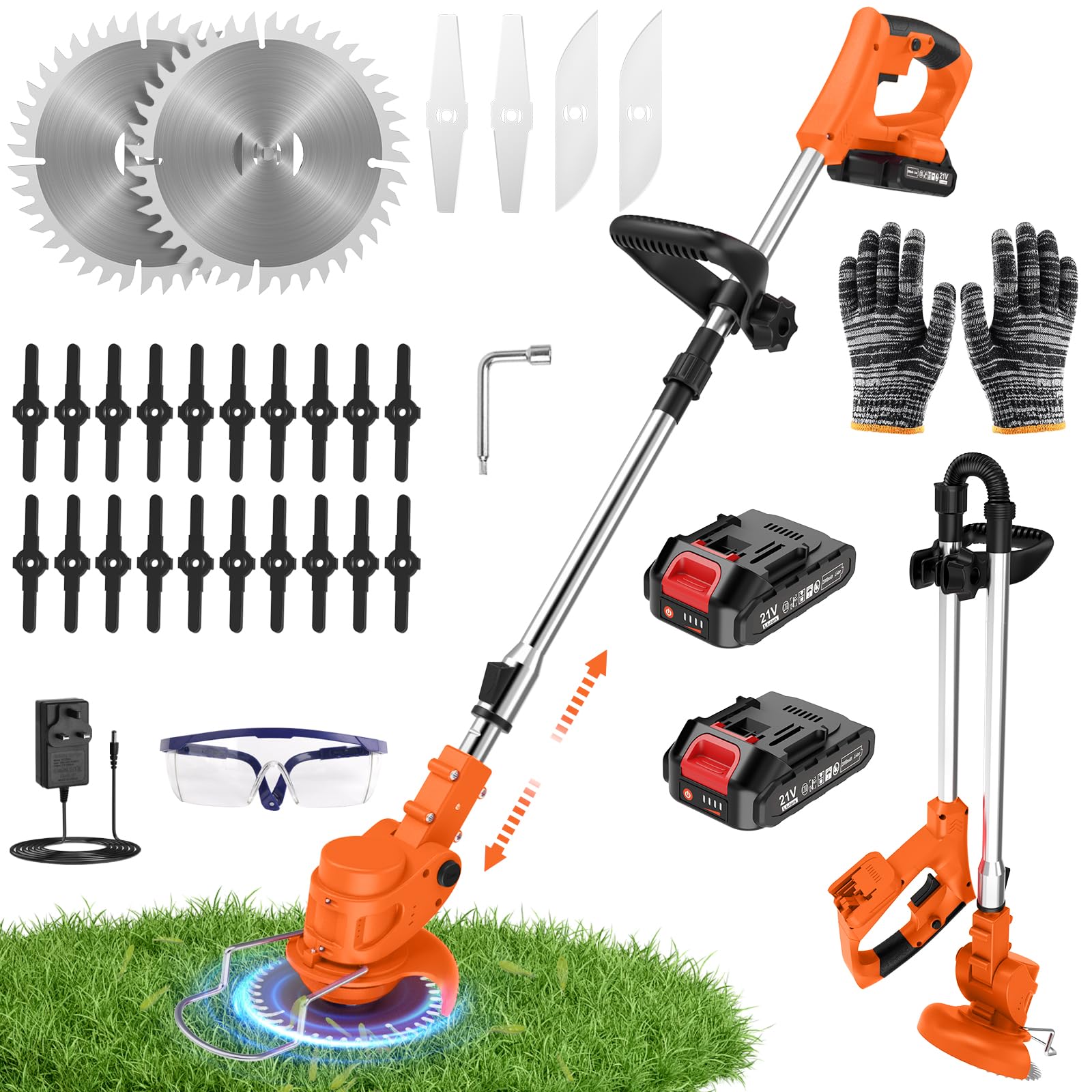 21V Cordless Strimmer, 700W Grass Trimmer with 2x 2000mAh Batteries, Lightweight Foldable Battery Strimmers Cordless with 26 Blades,90° Adjustable Head for Garden Lawn Weeding - Deep Orange