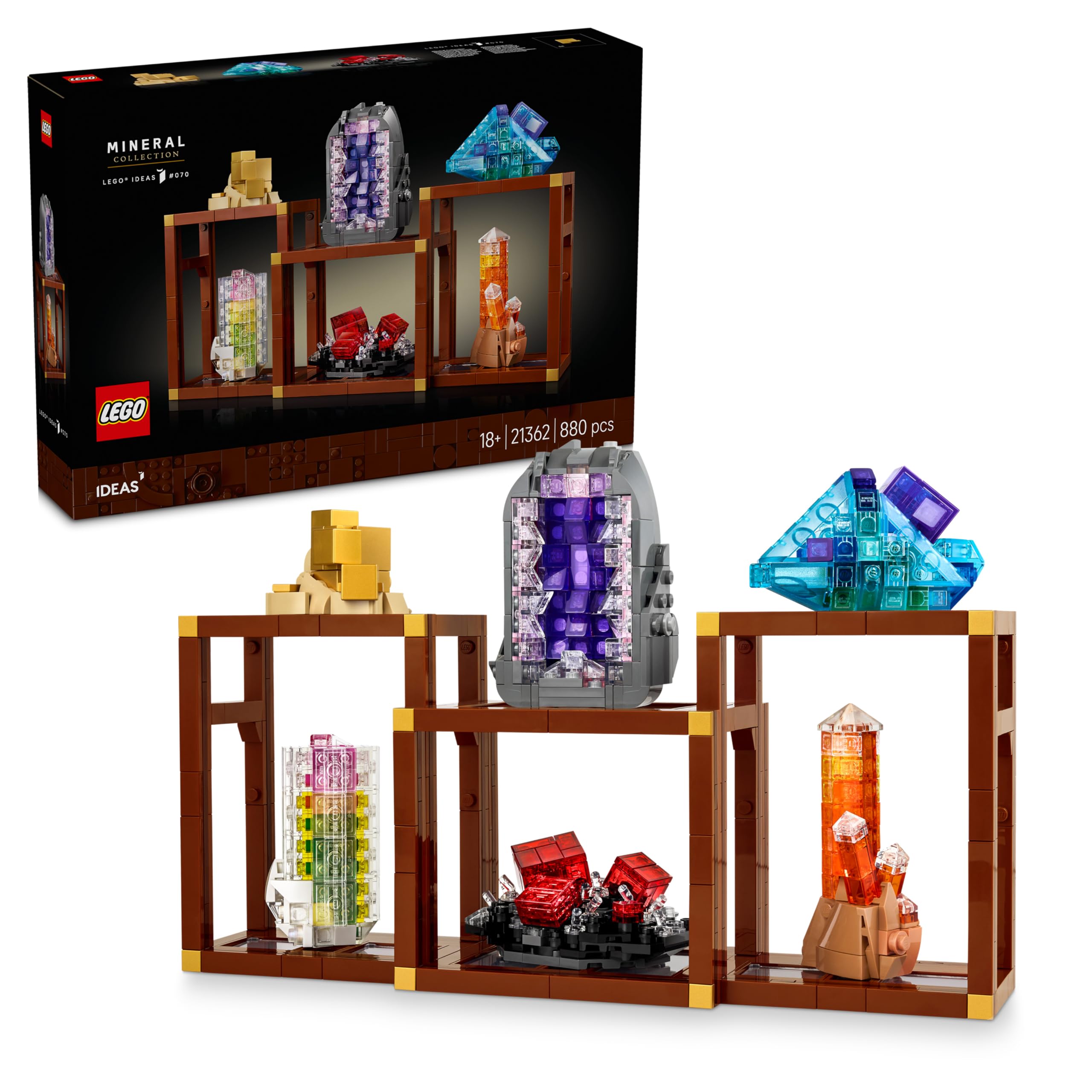 LEGO Ideas Collection de Minéraux - Set de Construction pour Adulte - Maquettes de Cristaux Dont Améthyste, Fluorite & Quartz Mandarine - Décoration Intérieure DIY avec 3 Supports - Idée Cadeau 21362