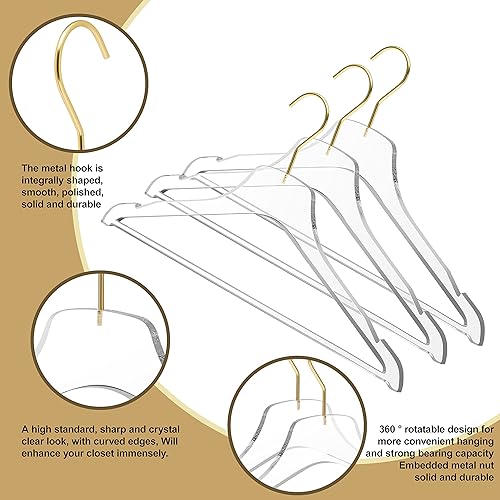 Miniatura 2 de Quality Hangers Perchas de acrílico transparente Lucite  Paquete de 5 con barra de ganchos dorados mate  Perchas para ropa como pantalones, trajes,