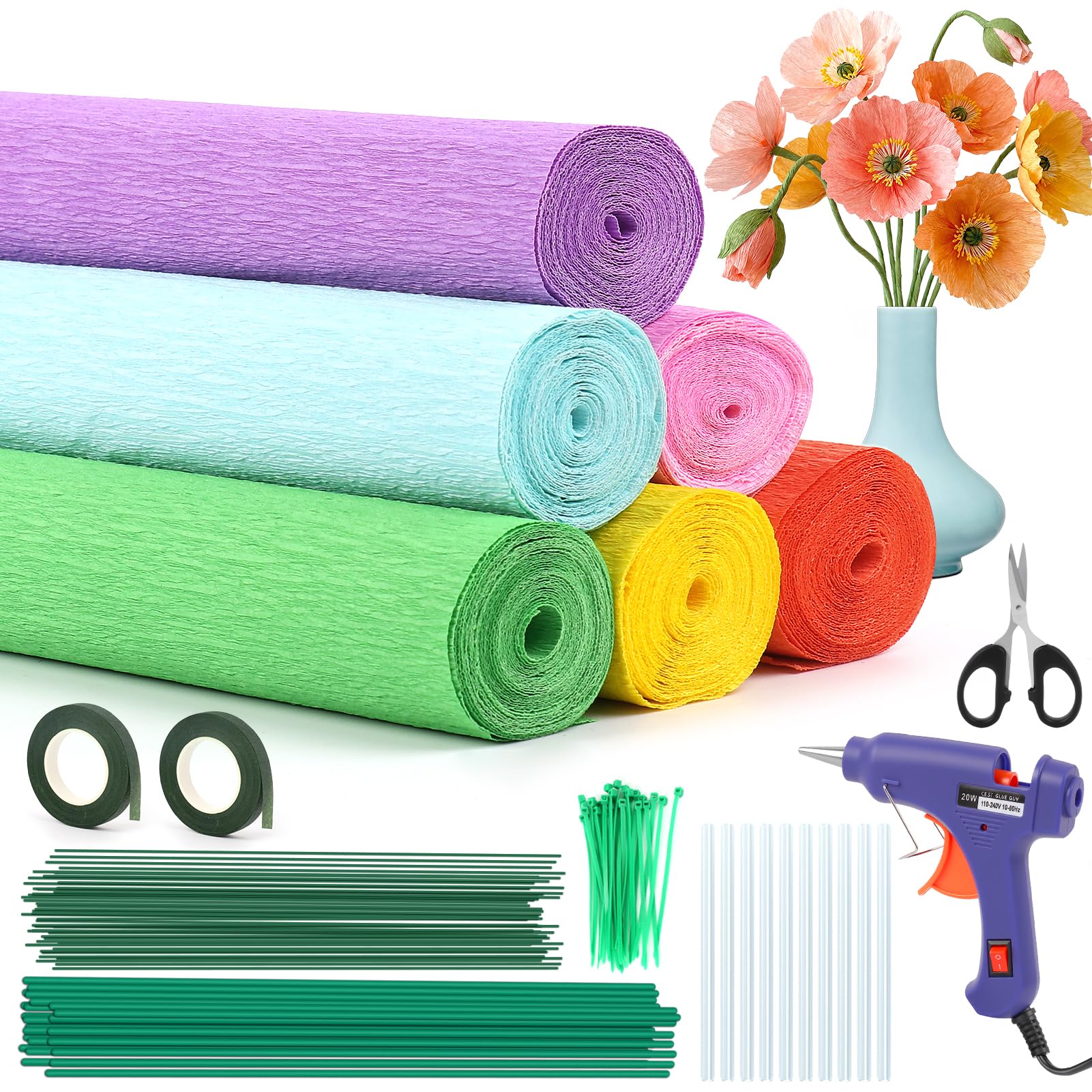 Kit de 170 pièces de papier crépon, 6 couleurs, 41,9 x 249,9 cm, avec pistolet à colle, ciseaux, fil et ruban adhésif floral – Parfait pour la fabrication de fleurs en papier, les projets d'artisanat