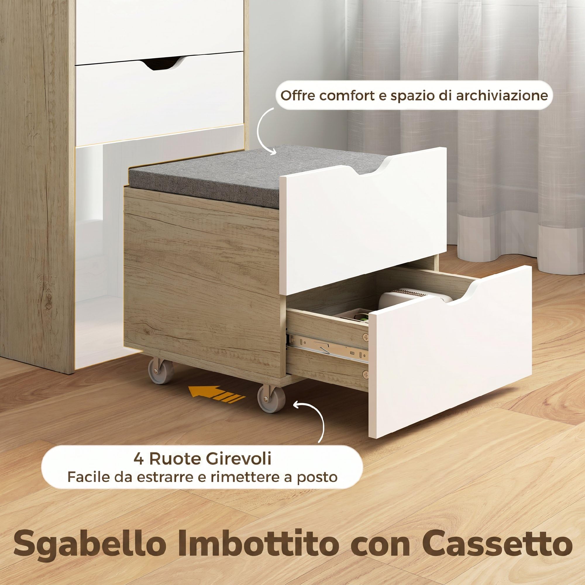 HOMCOM Postazione Trucco 3 in 1 con Specchio a Ribalta, Sgabello a Scomparsa, Toeletta Trucco con Sgabello Imbottito a Ruote, 3 Cassetti, Piano in Vetro Visibile, Vano, Salvaspazio, Rovere e Bianco