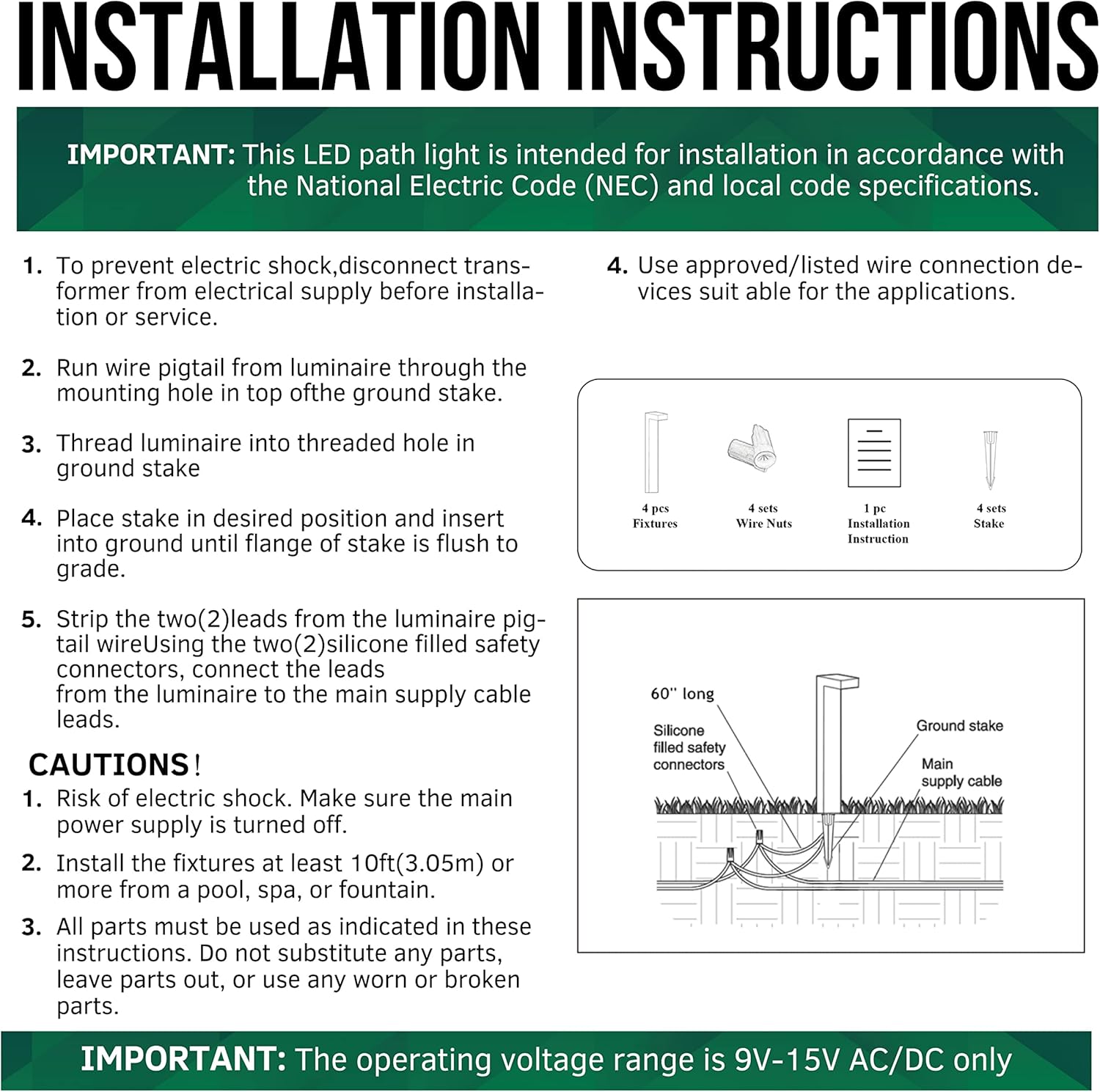GKOLED 4-Pack Low Voltage Landscape Lighting, Pathway Lights, 3W 9-15V AC/DC Wired Outdoor LED Landscape Path Lights for Garden Driveway Accent Lighting Fixtures, Die-cast Aluminum Housing, UL-Listed
