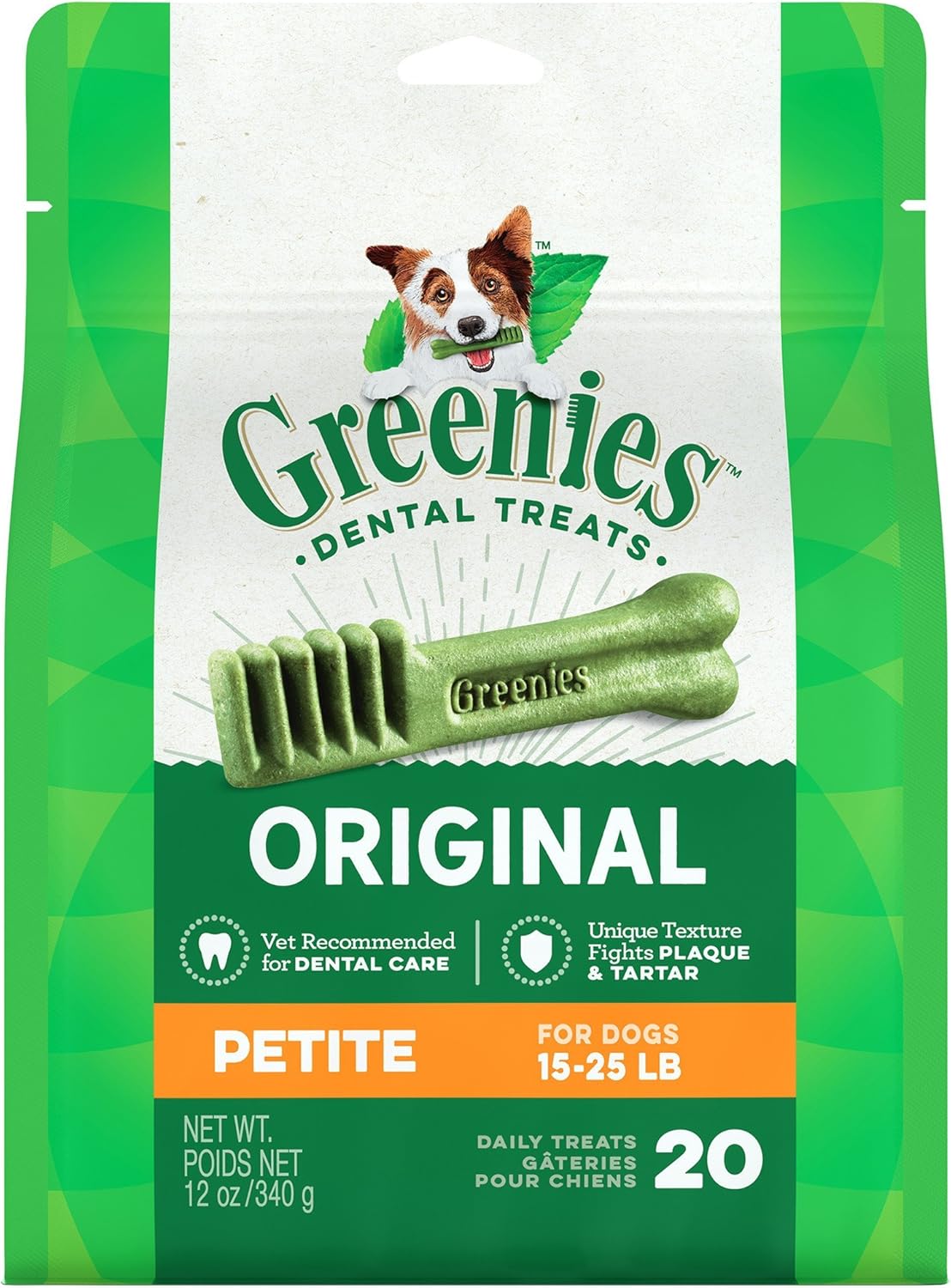 Greenies Stick Form Dental Chews with Original Flavor, Vet-Recommended to Combat Plaque and Tartar Build-Up for Petite 15 to 25 Lb Dogs (20 Chews)