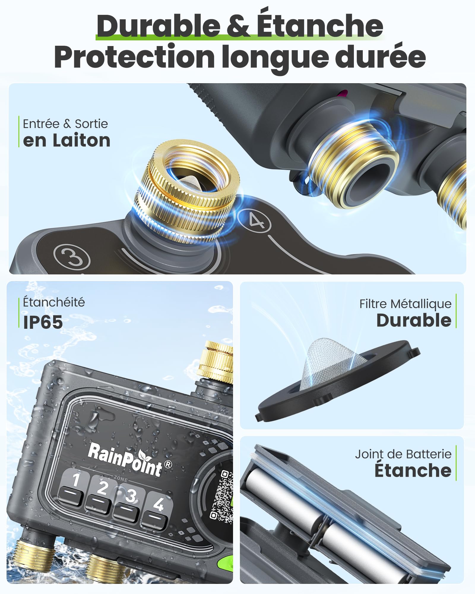 RAINPOINT Programmateur d'Arrosage WiFi 4 Voies, Arrosage Automatique Météo, 4 Sorties Laiton, Contrôle App et Vocale Jardin