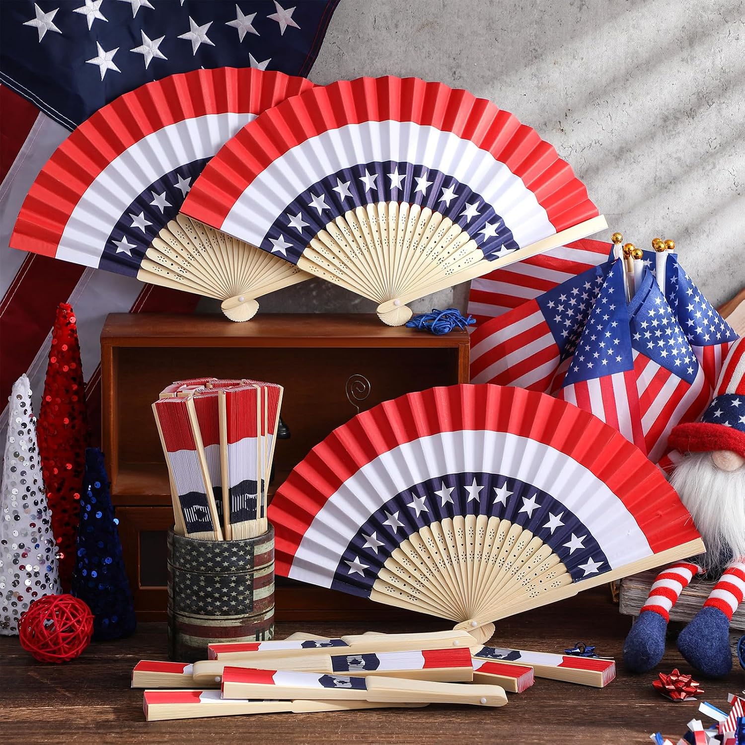 Karenhi 36 Pcs Patriotic Folding Hand Fans Bulk, American Flag Paper Fans Handheld Red White Blue for Memorial Day, 4th of July Parade Decorations, Patriotic Party Favors(Dark Color,Vintage Style)