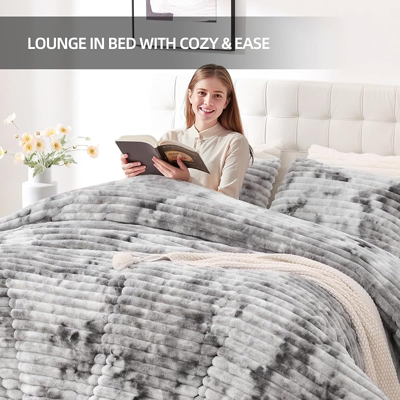 Smoofy Fluffy King Size Comforter 3 PCS - Tie Dye Grey Fleece Bedding Set image 6