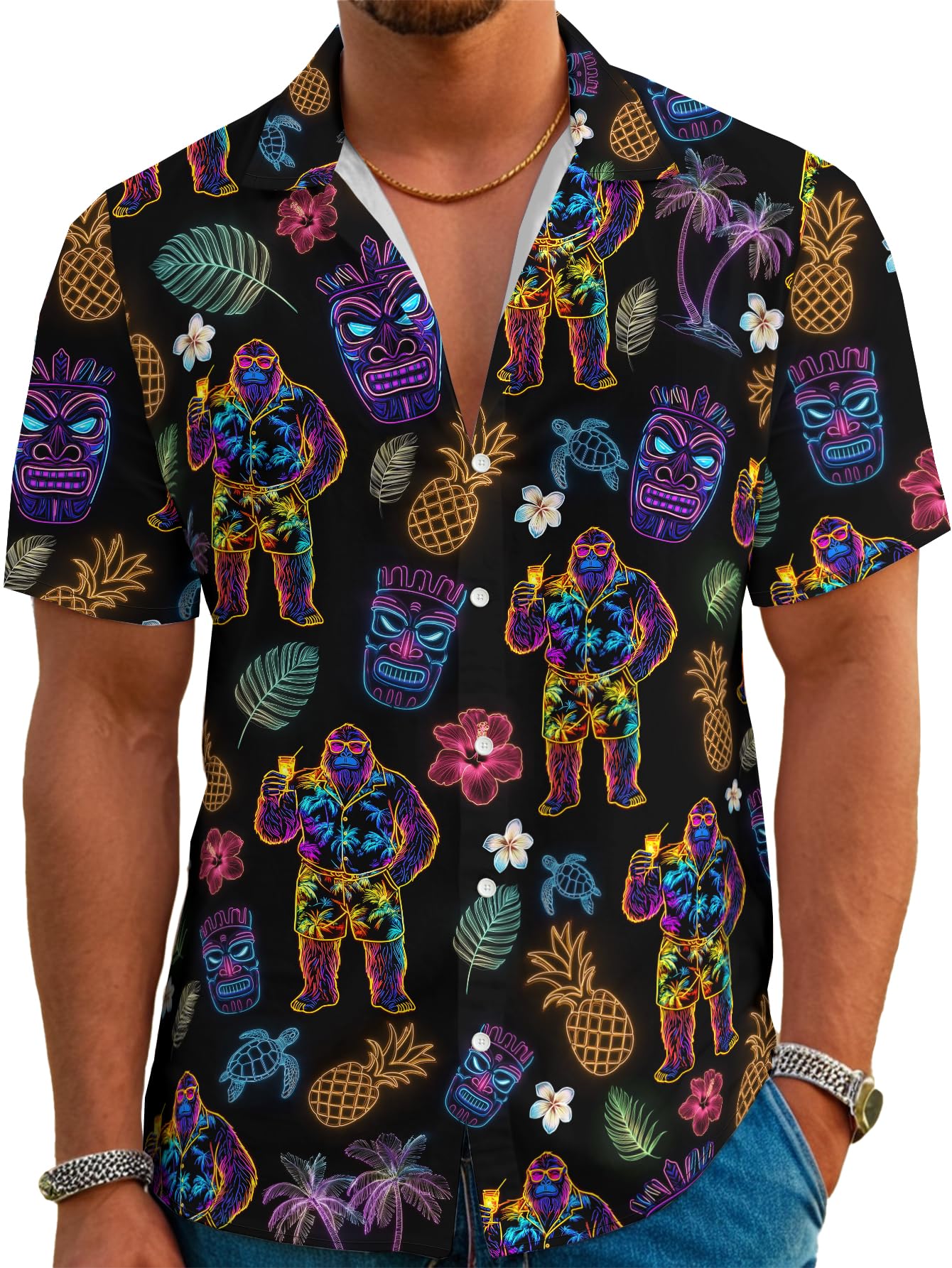 Mens Funny Neon Hawaiian Shirts 3D Graphic Button Down Short Sleeve Shirt Summer Beach Aloha Tops Theme Party