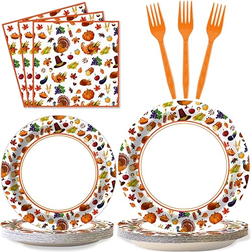 Juego de vajilla de suministros para fiesta de Acción de Gracias, sirve para 24 invitados, platos de papel de Acción de Gracias, servilletas,