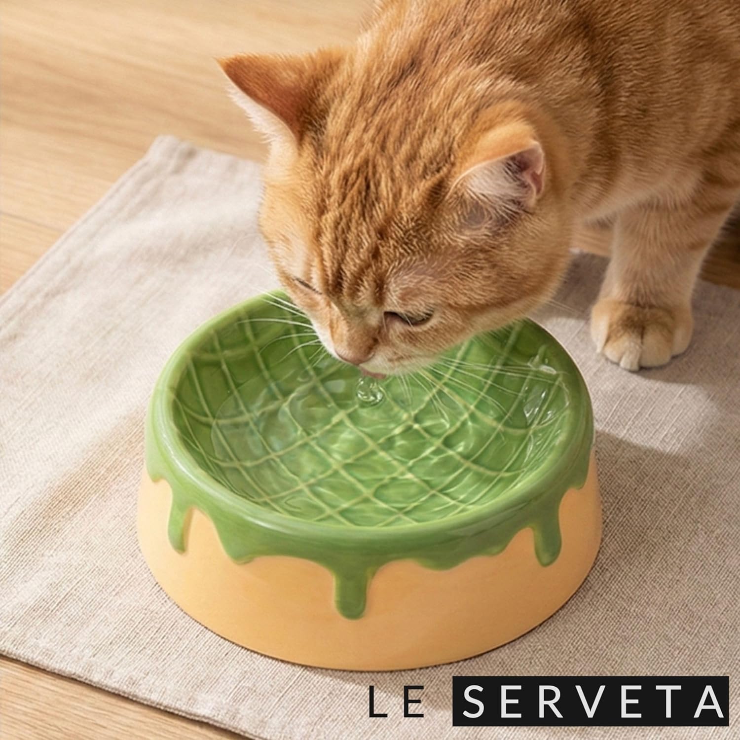 Dripping Ice Cream Cake Pet Bowl, Ceramic Food and Water Dish with Decorative Design, Pink Blue Green Colors (Green&Yellow)