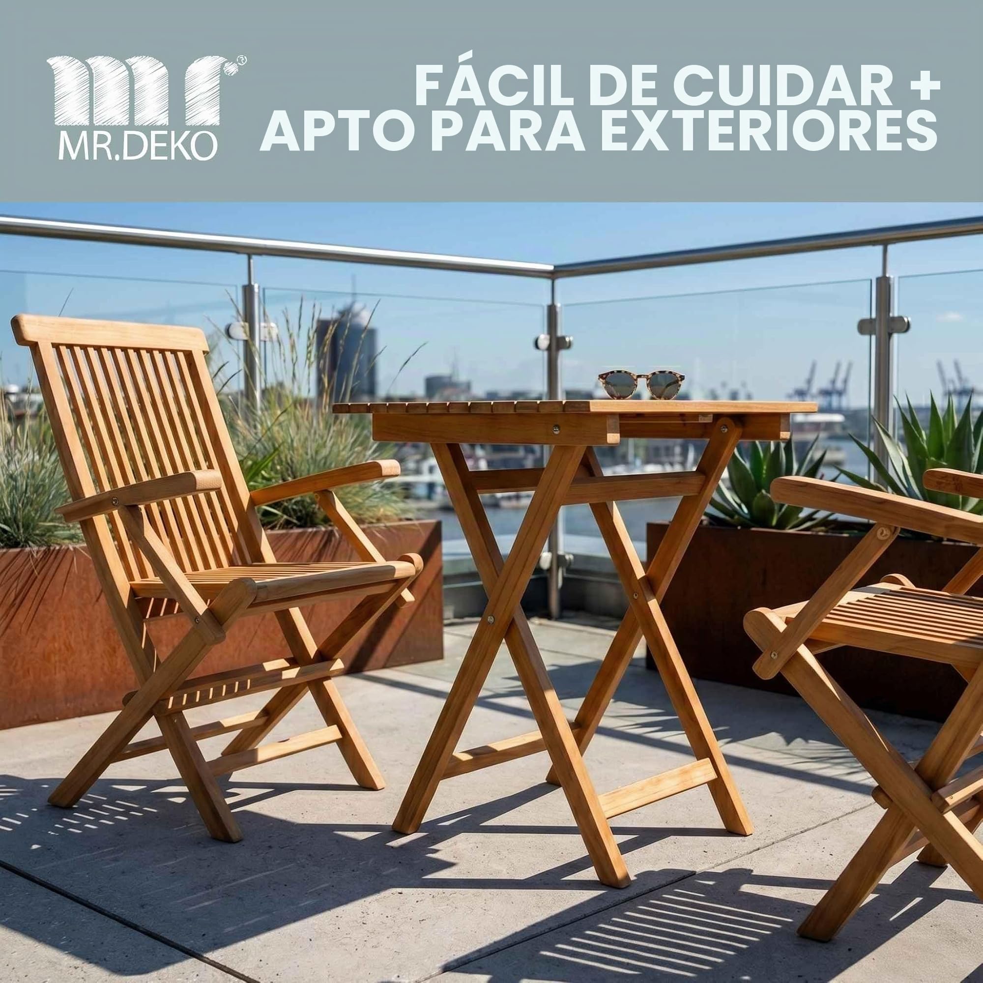MR. DEKO Silla de Jardín Madera Teca Maciza Andover | Sillón Plegable Exterior con Reposabrazos Resistente Intemperie | Silla Terraza Balcón Camping Diseño Ergonómico Clásico 60x53x89cm Natural