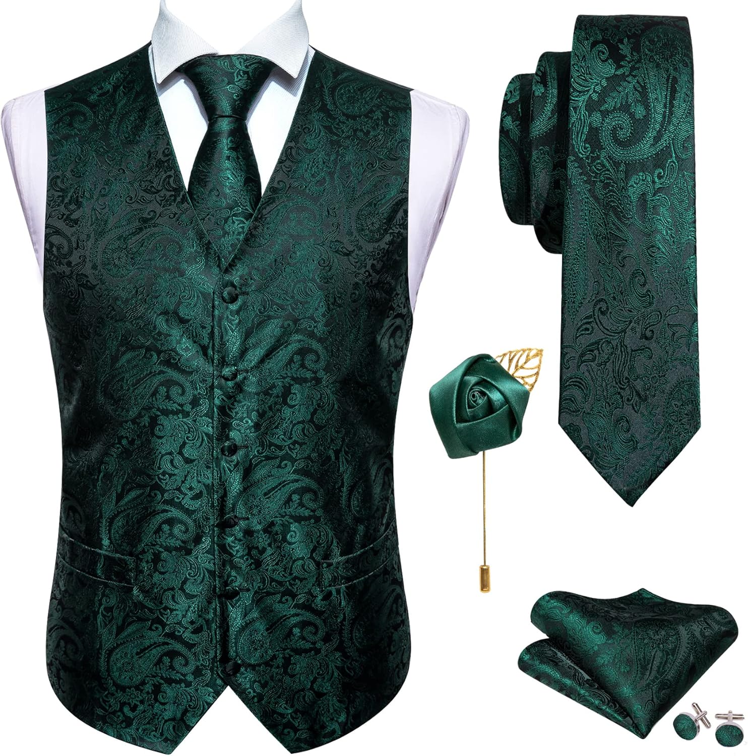 Barry.Wang Men's V-Neck Suit Vest Solid Paisley Waistcoat Silk Tie Hanky Cufflink Clip Set Wedding Party Business Formal