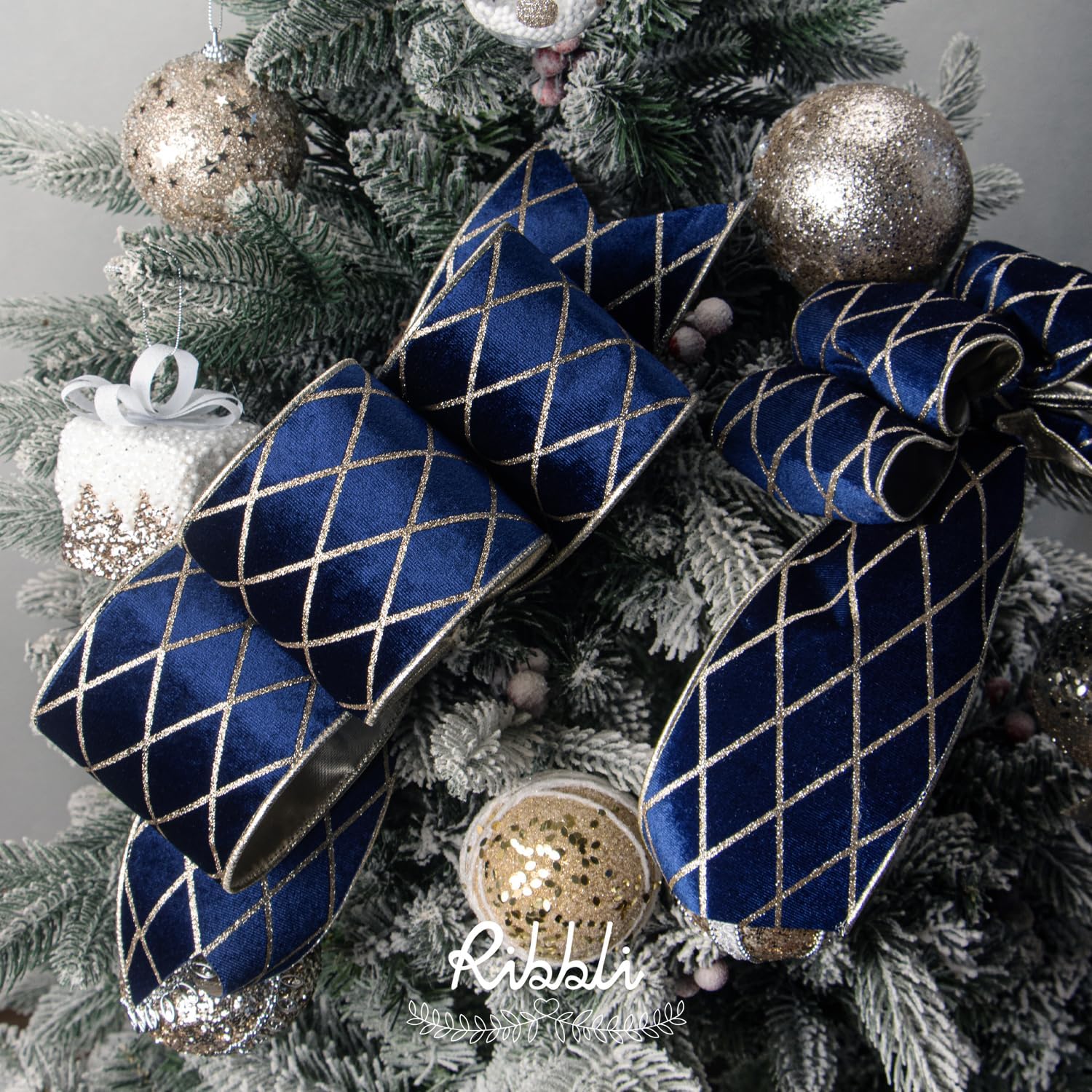 Ribbli Navy Blue Velvet Ribbon Wired with Glitter Diamond Grid 4 Inch Christmas Ribbon for Christmas Tree Decoration Big Bow Gift Wrapping Crafts Wreaths Garland Supplies - 10 Yards