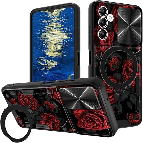 Vista 49 de Funda para Samsung Galaxy A13 5G con cubierta deslizante para lente de cámara y anillo giratorio de 360 grados, soporte híbrido de doble capa Flores