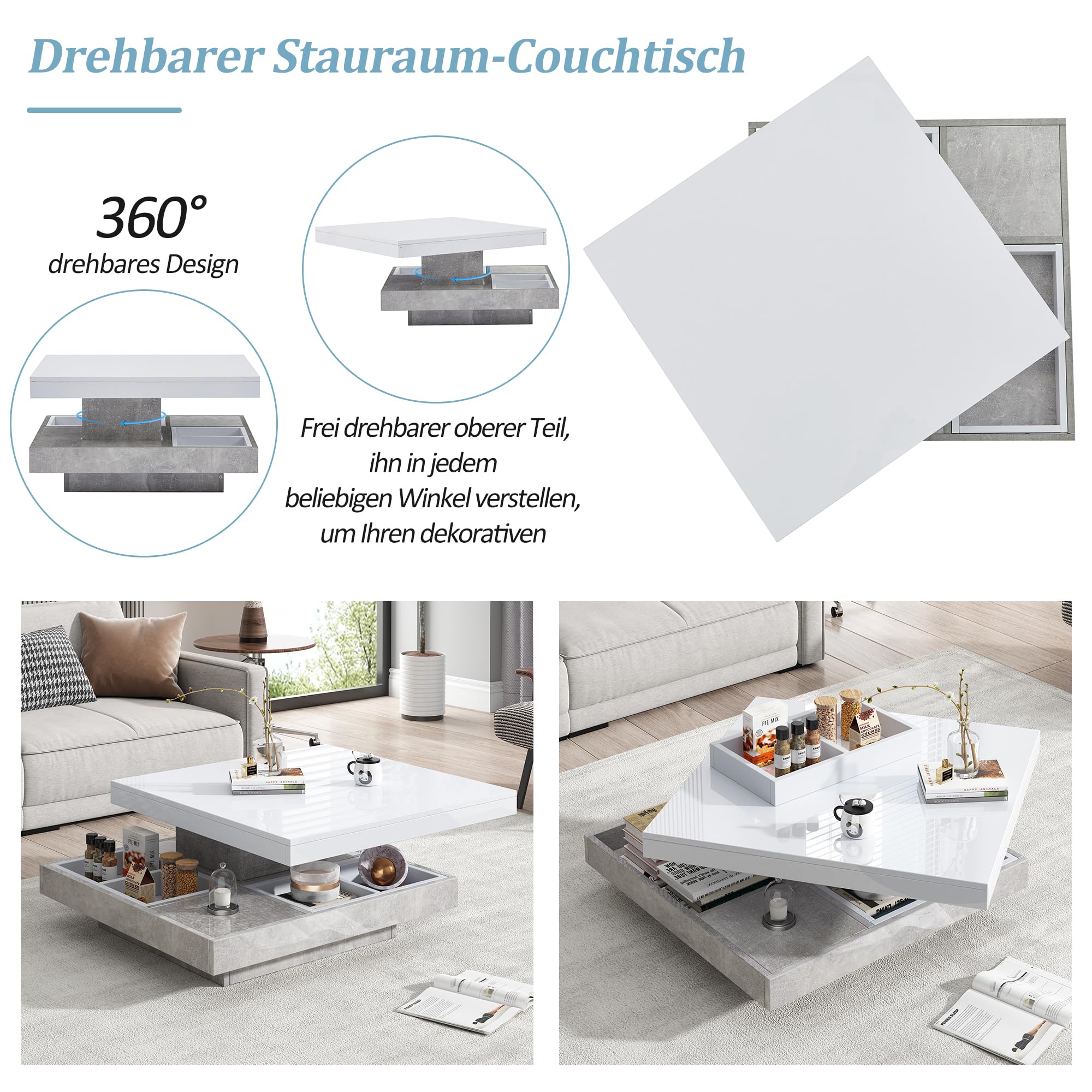 Merax Couchtisch quadratische mit Drehbarer Schreibtisch, Moderner Wohnzimmertisch mit verstecktem Ablagefach, kreativer Sofatisch Kaffeetisch Beistelltisch Mitteltisch für Home Office, Weiß & Marmor