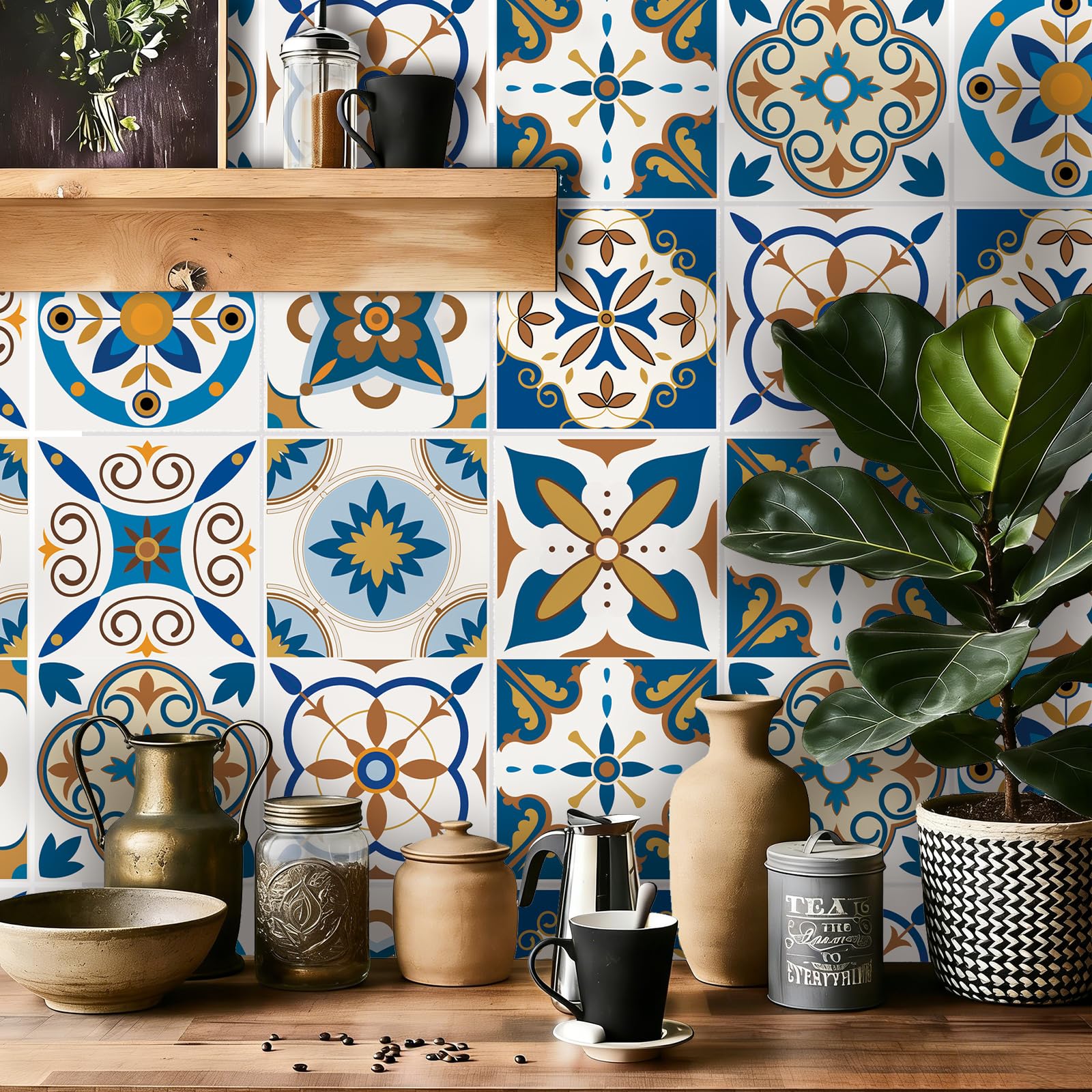 TOARTi 18pcs Blue Gold Moroccan Style Tile Stickers 6x6 inches Kitchen Bathroom Wall Tile Stickers Peel and Stick on Tile Transfers Covers Decals Self Adhesive Vinyl Waterproof Colourful Mosaic — image 1