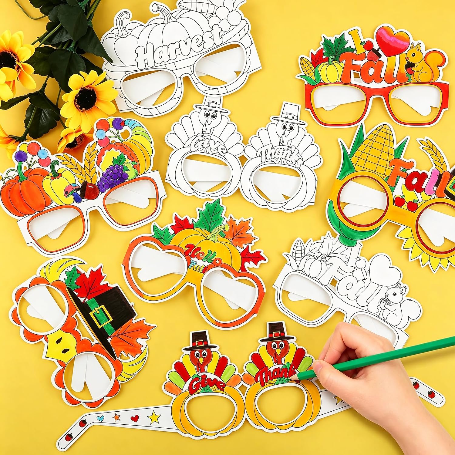 32Pcs Fall Thanksgiving Craft Bulk for Kids Adults Fall Arts Crafts Coloring Glasses Kits Pumpkin Turkey Leaf Scarecrow DIY Paper Classroom Activities for Halloween Project Supplies Party Favors Gift
