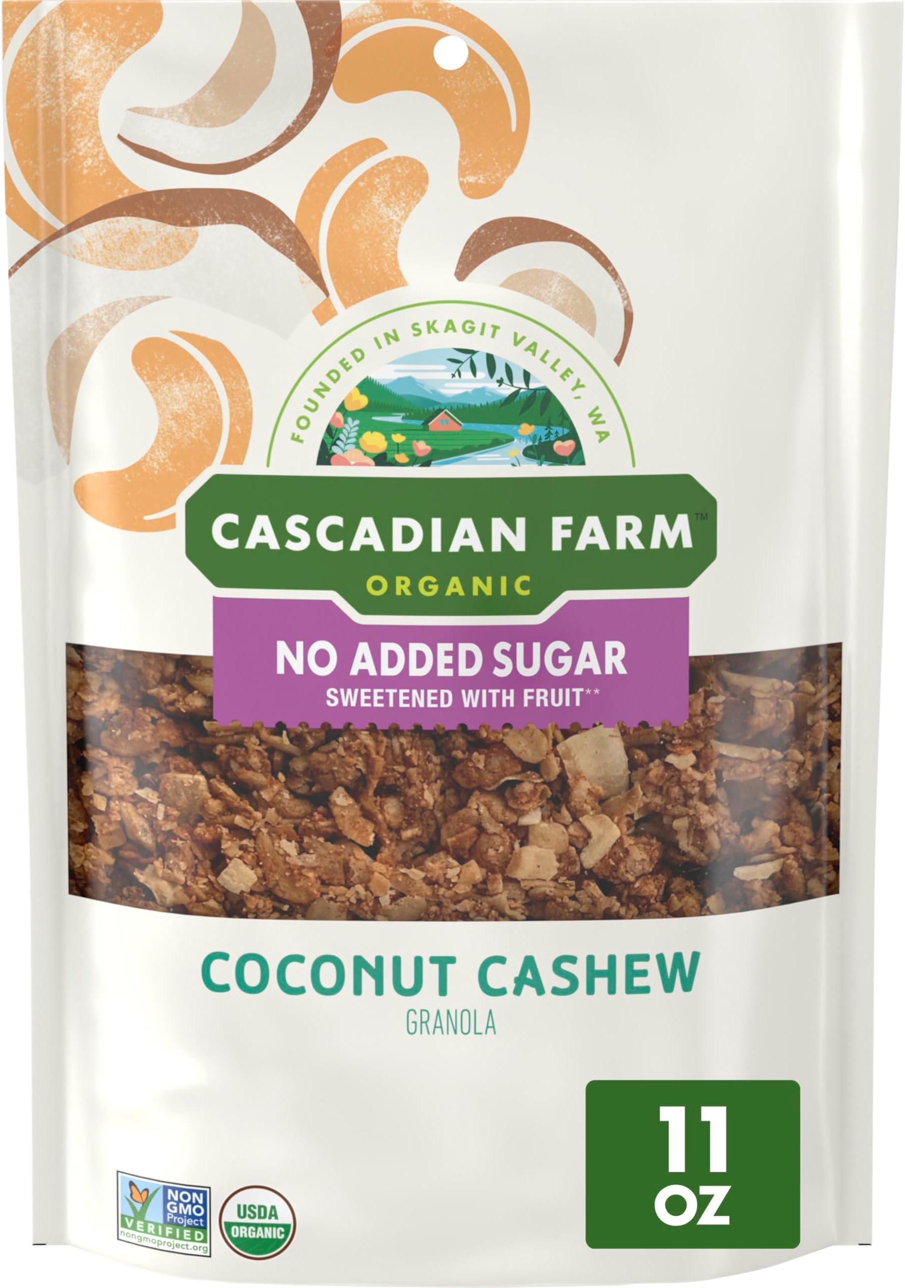 Cascadian Farm Organic Granola with No Added Sugar, Coconut Cashew Cereal, Resealable Pouch, 11 oz.
