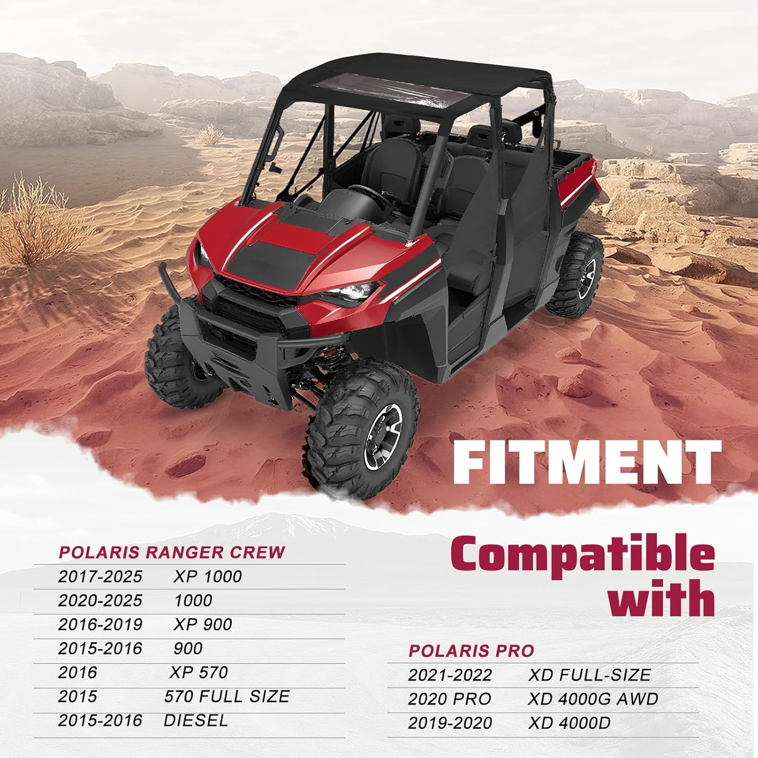 4-6 Seat Soft Roof Top Compatible with 2015-2025 Polaris Ranger Crew 1000/XP 1000/Ranger Crew 900/XP 900/ Ranger Crew 570/ XP 570 Polaris Pro XD Series Top Roof Sunshade Rainproof Black Plastic