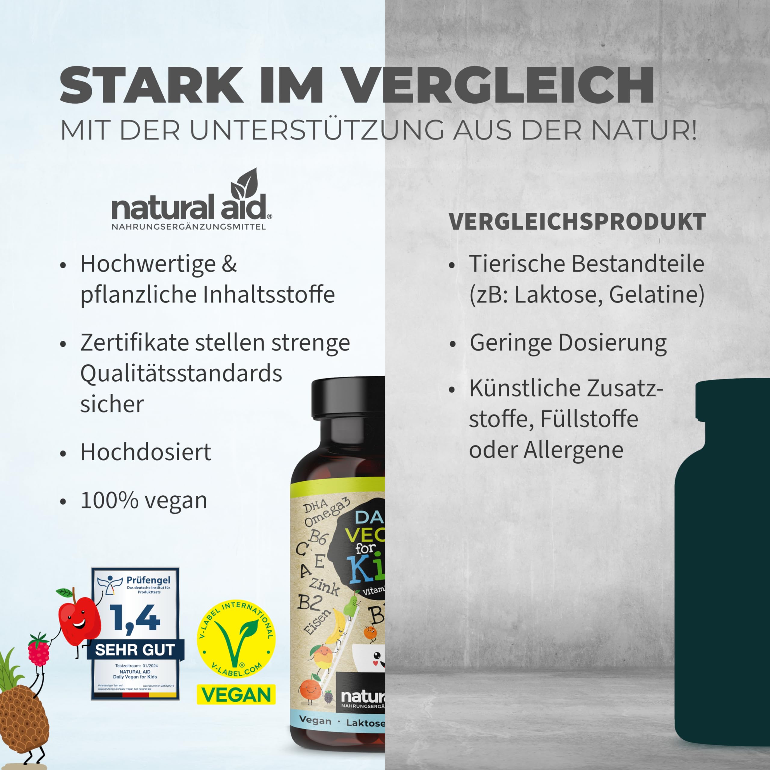 natural aid Daily Vegan For Kids Multivitamin Kinder Komplex - Vitamine & Omega 3 mit Vitamin D3 K2 B12 B6 A C E + Mineralien - Vegan, Ohne Zucker, 120 Kapseln, 4 Monate Vorrat