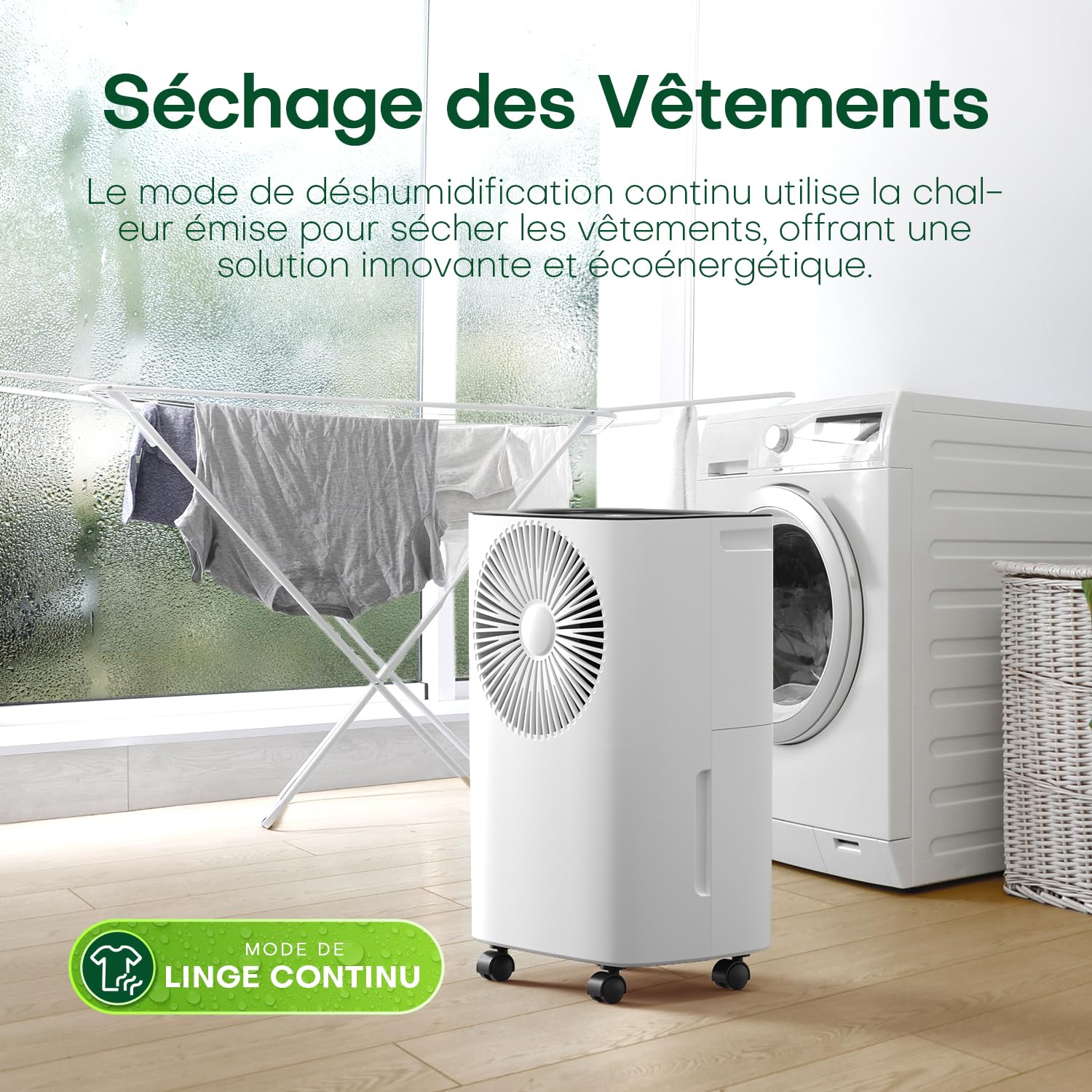Deshumidificateur d air Electrique 12 litres/jour, Drainage Continu, Déshumidification Automatique, Mode Sommeil, Minuterie 24H, Anti Mosissure，Apportant de la Chaleur aux Jours de Pluie