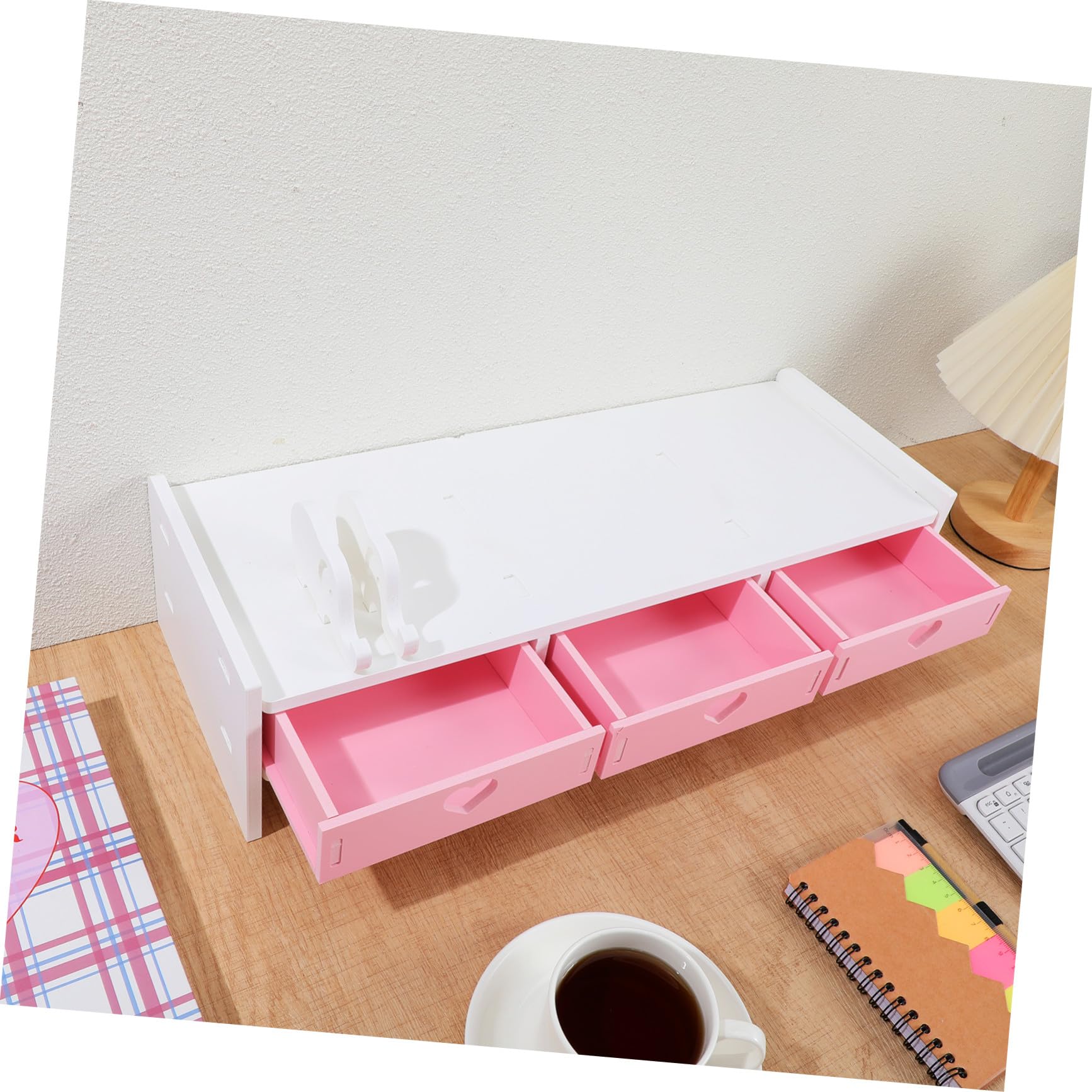 Housoutil Supporto per Monitor da Scrivania in PVC Rosa e Bianco, Rialzo e Organizzatore per Computer da Ufficio e Studenti, Spazio Salvaspazio per Tastiera e Accessori