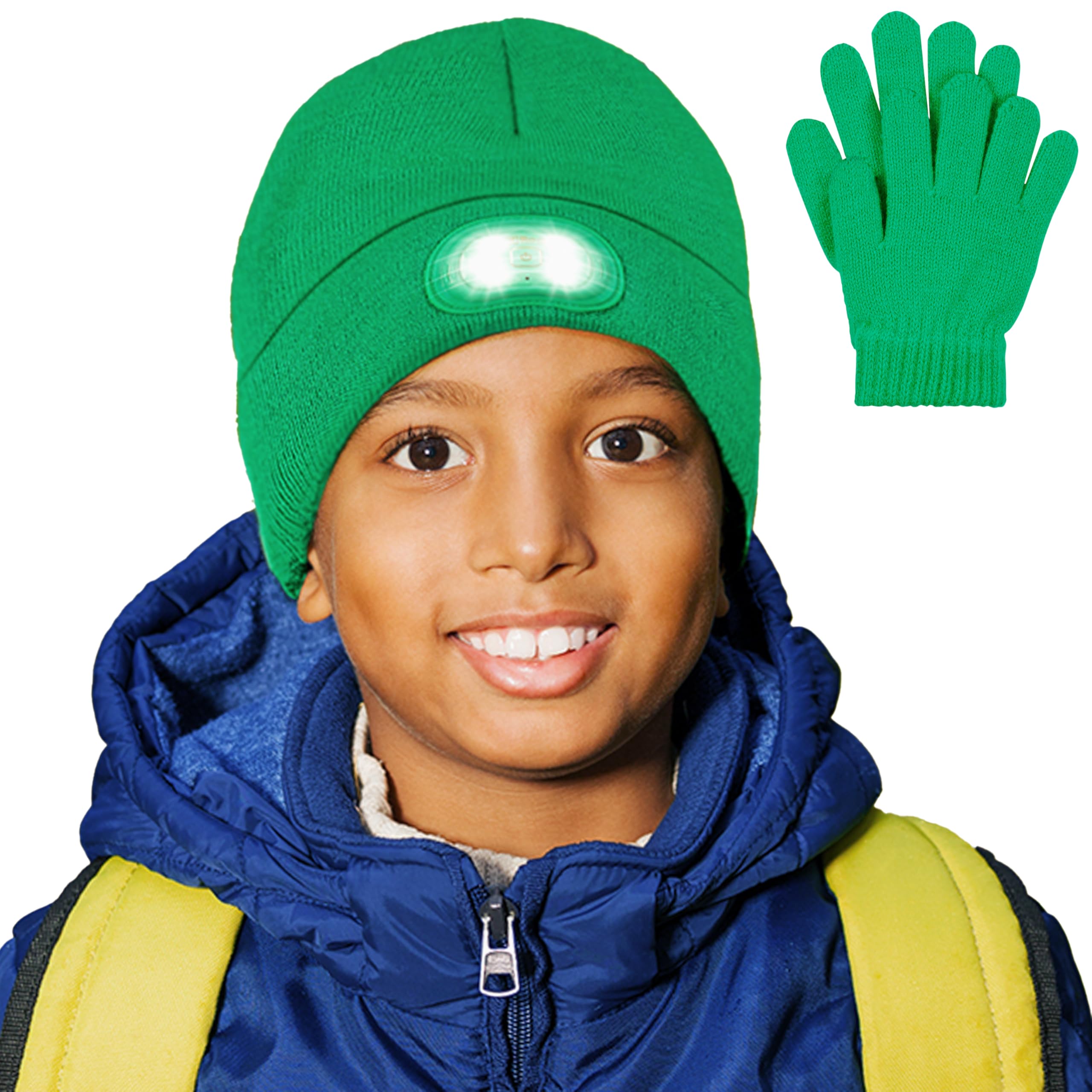 HEAD LIGHTZ by Roq Innovation - Kids Beanie with Light & Glove Set - Unisex LED Beanie Hat with Light Built in, Rechargeable