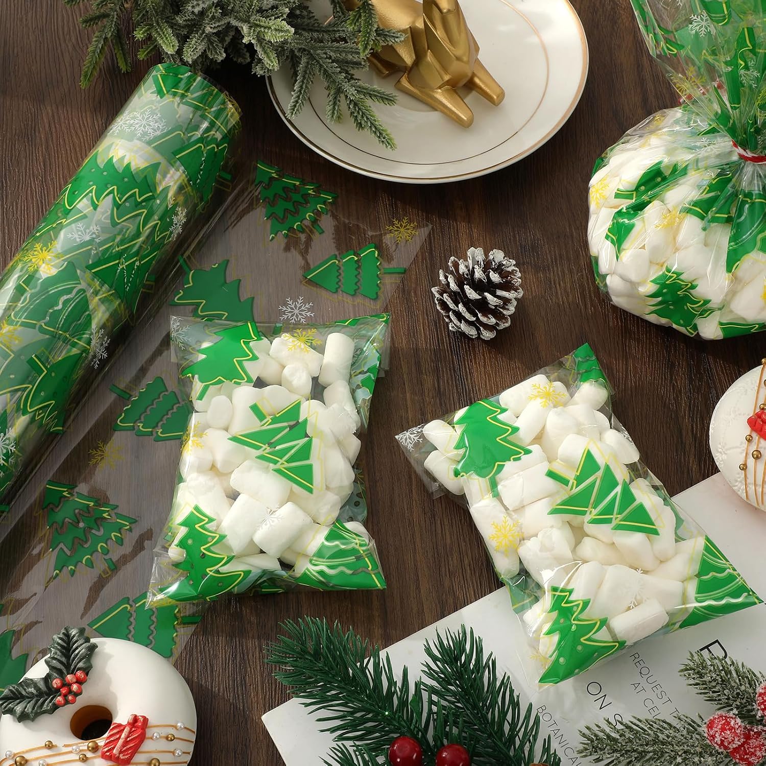 JarThenaAMCS Christmas Cellophane Wrap Roll 100ft x 16 In 2.5Mil Green Xmas Tree Snowflake Cellophane Paper Winter Clear Cello Wrapping Paper for Treat Gift Basket Party Favor