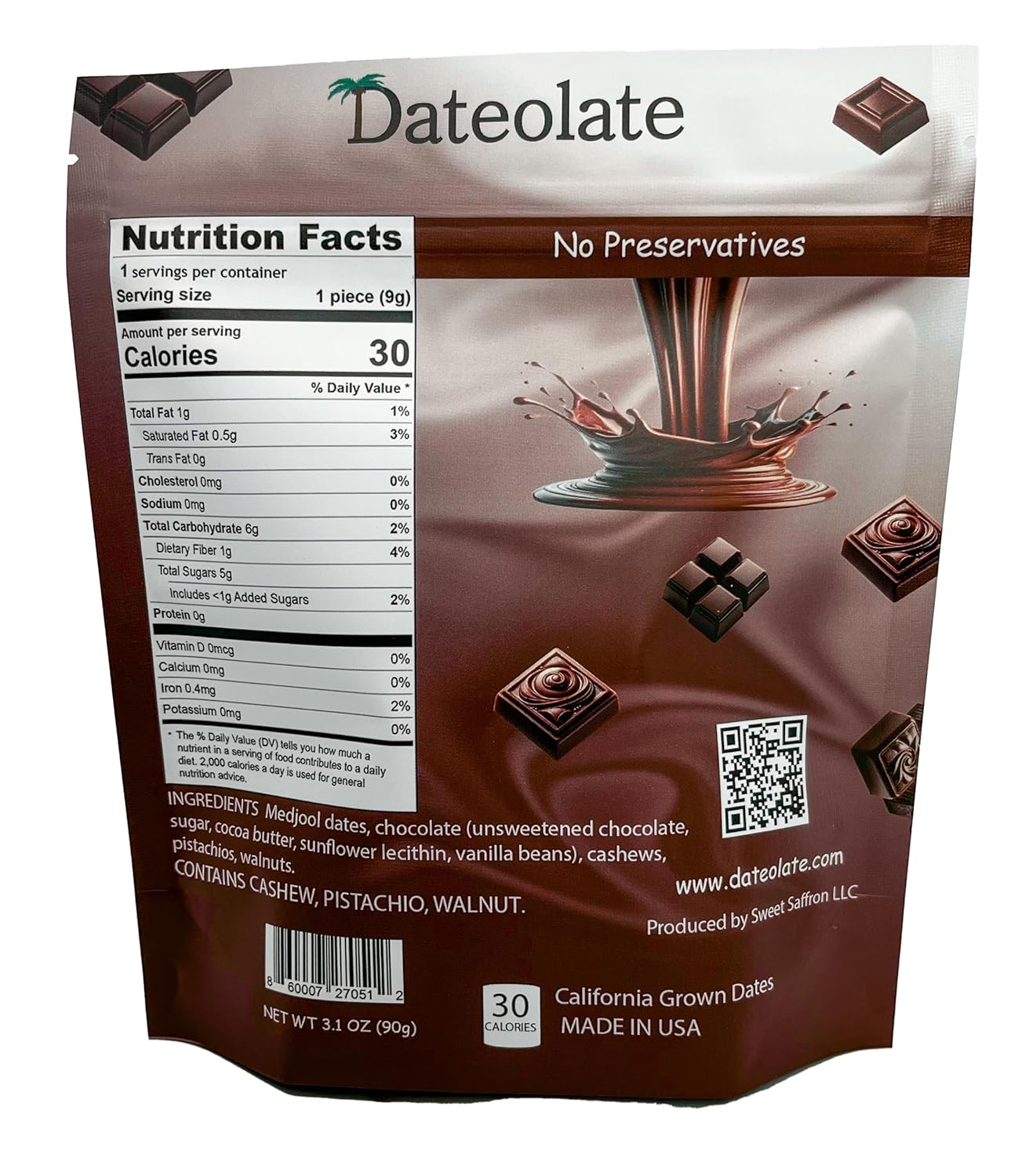 Dateolate Dark Chocolate Truffles – 4 Pouches, 8 Individual Chocolates Per Pouch | Date & Nut Ganache | All Natural, Dairy-Free