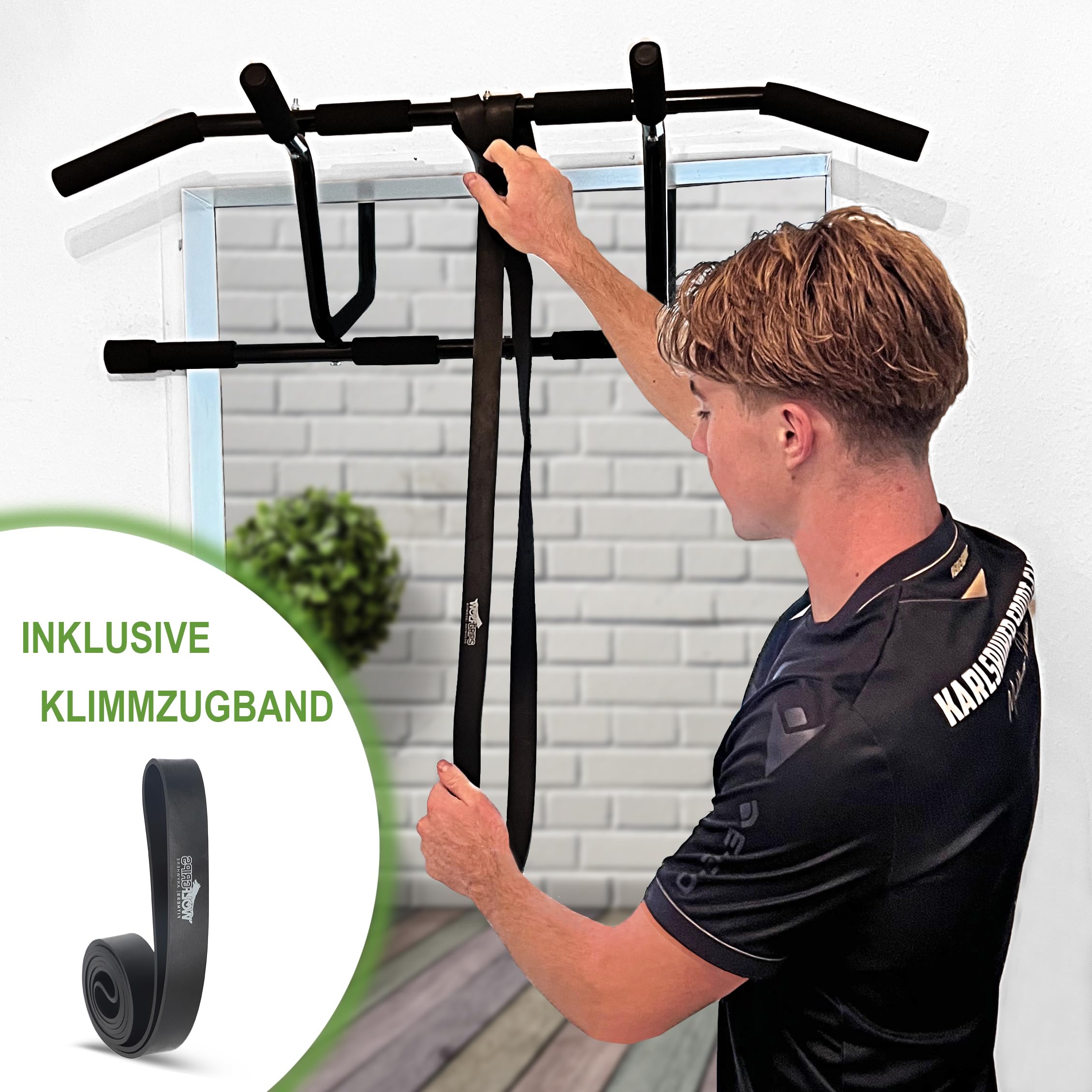 Klimmzugstange für Türrahmen zum Einhängen ohne Schrauben, Pull Up Bar mit Rutschfesten Griffen, Profi inkl. Widerstandsband