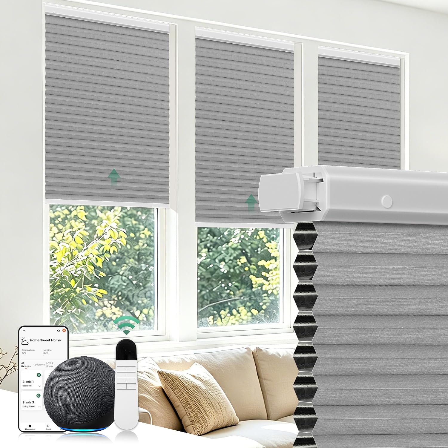 Allesin Motorized Cellular Shades No Drill with Remote,Gray,34" W x 64" H