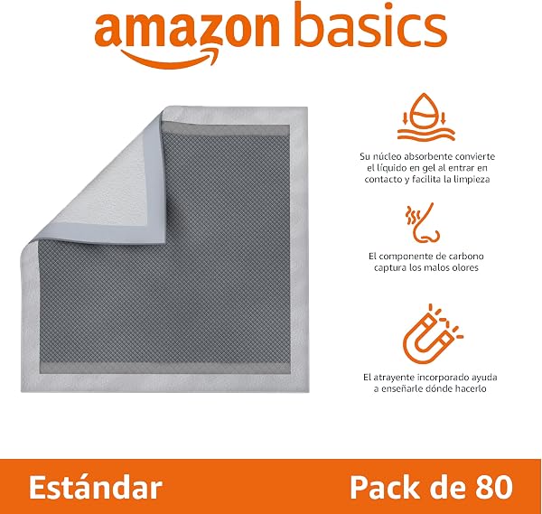 Amazon Basics Dog Puppy Training Pads, Charcoal Odor Control Pads, Leak Proof with Quick Dry Surface, Normal (80 Count, Grey) - 2