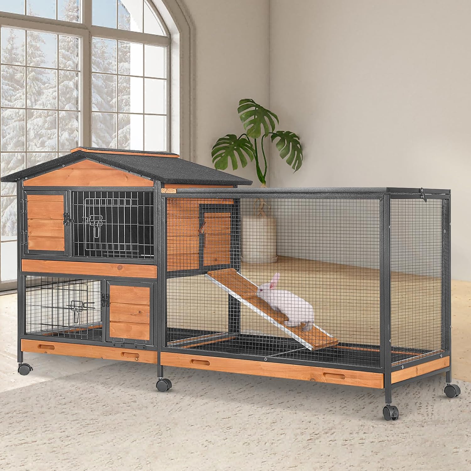 Aivituvin Rabbit Hutch 60.8" Rabbit Cage Indoor Outdoor Guinea Pig Cage on Wheels Bunny Cage with 3 Deep No Leakage Pull Out Tray,Waterproof Roof