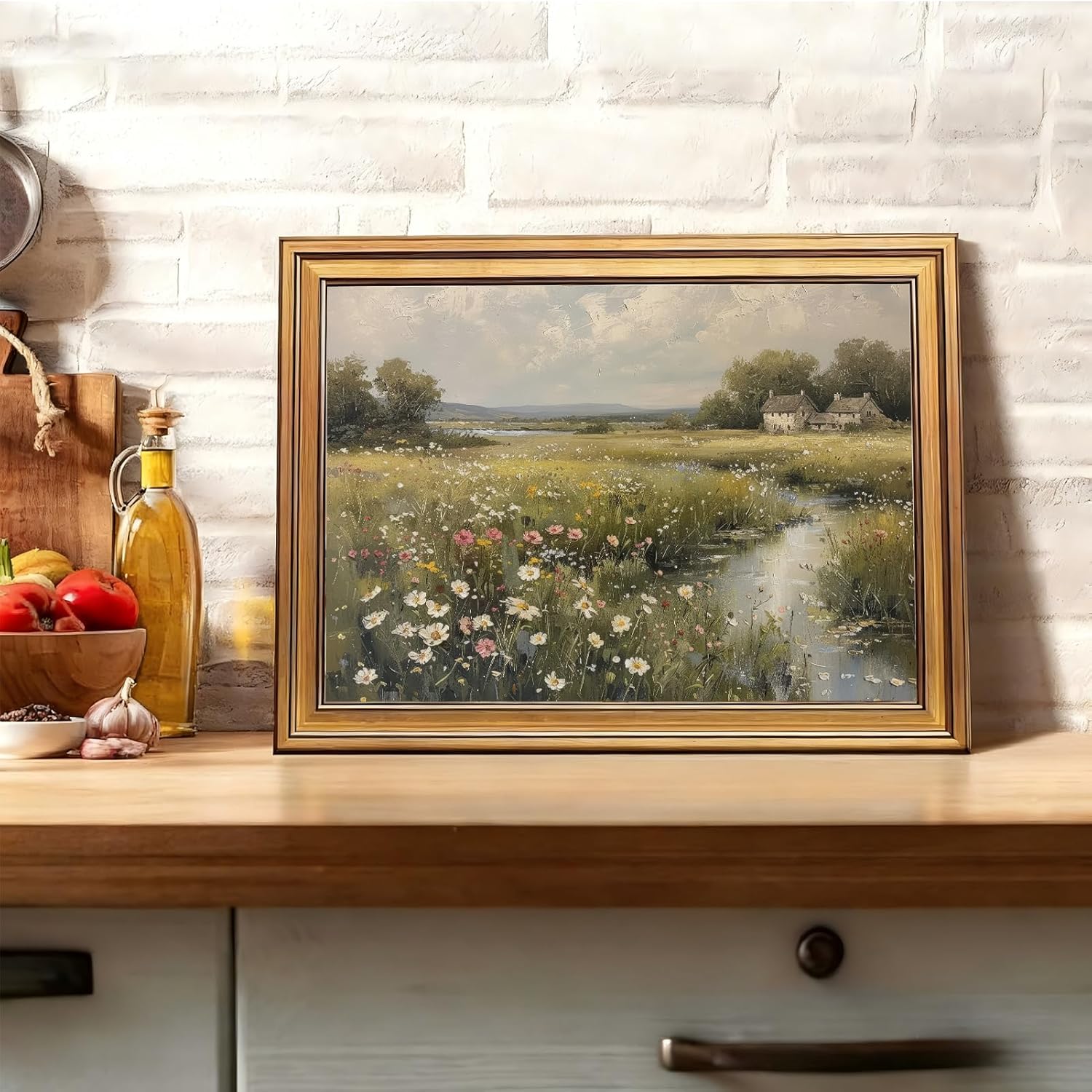 Vintage Gold Framed 3D Textured Wall Art Country Wildflower Field River Wall Decor Picture Summer Farmhouse Nature Rustic Cottagecore Landscape Poster Print for Gallery Home Decoration 12x16in
