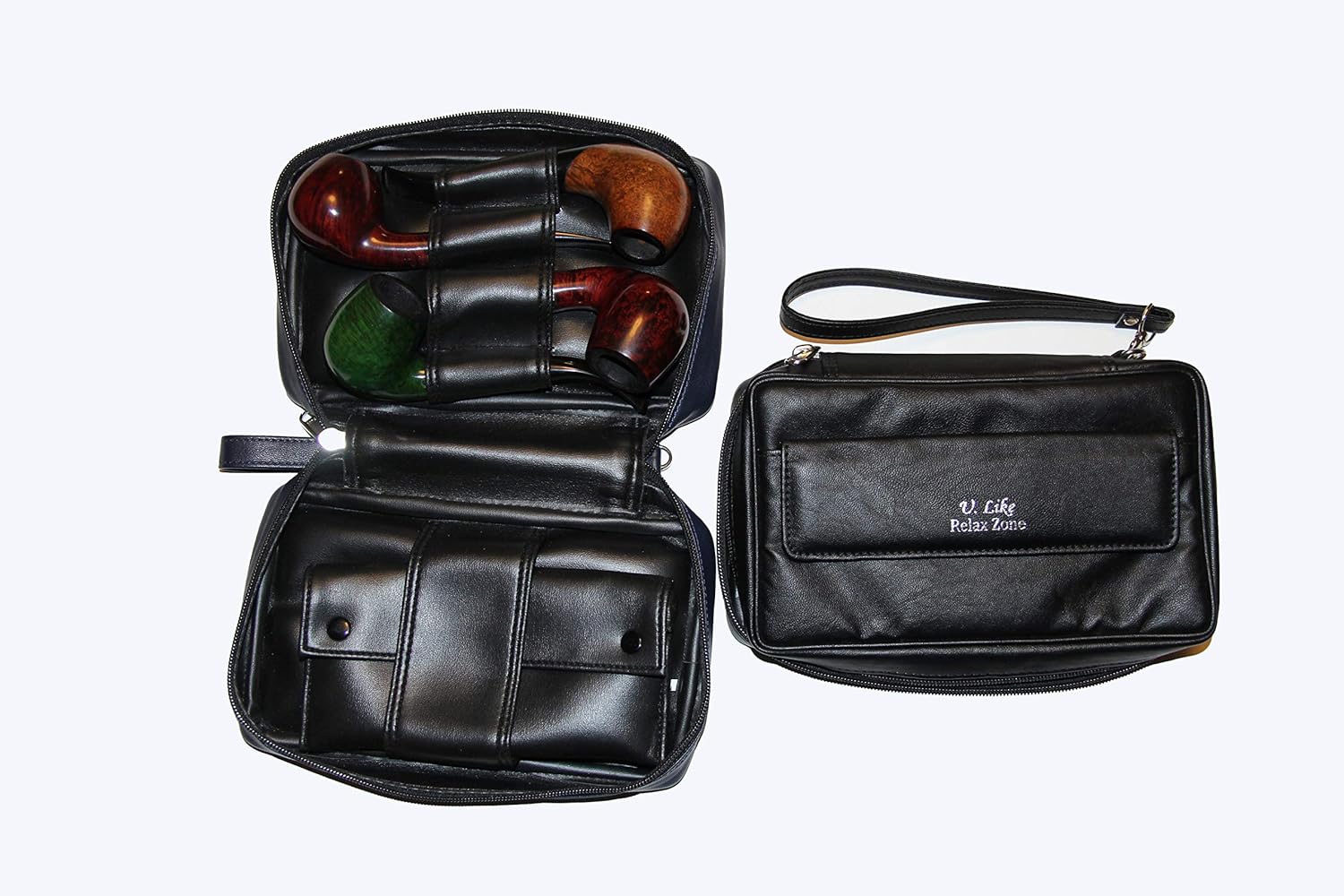 Tobacco Pipe Case/Bag/Holder In Leatherette For 4 Pipes & Storing Other Accessories + Additional Big Tobacco Pouch (Black)