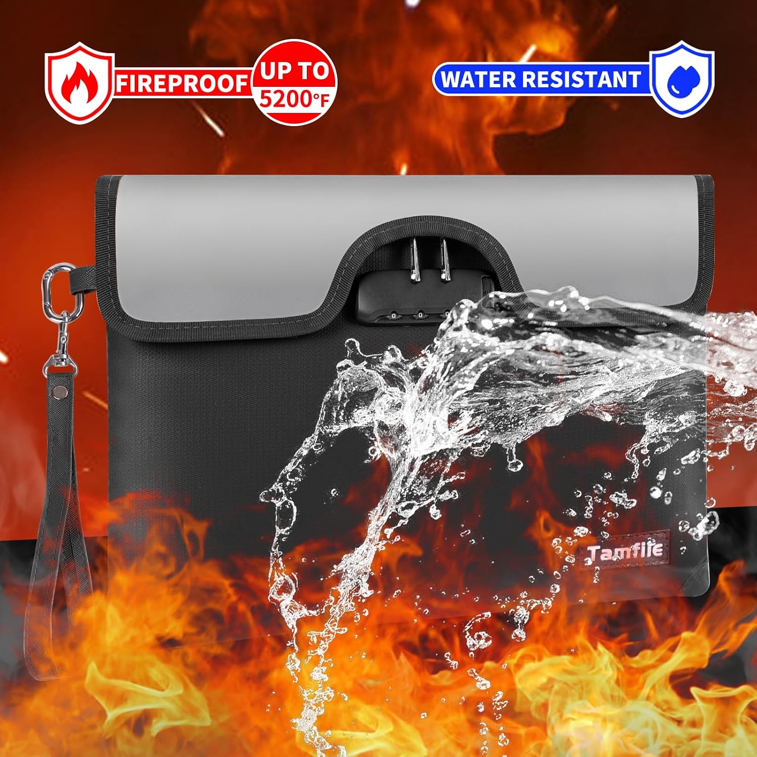 5200°F Fireproof Money Bag with Lock, Water Fireproof Document Bag with Zipper, 8 Layers Fire Insulation, Fireproof Safe Storage Pouch with Lock for Cash, Passport, (11" x 15", Black)