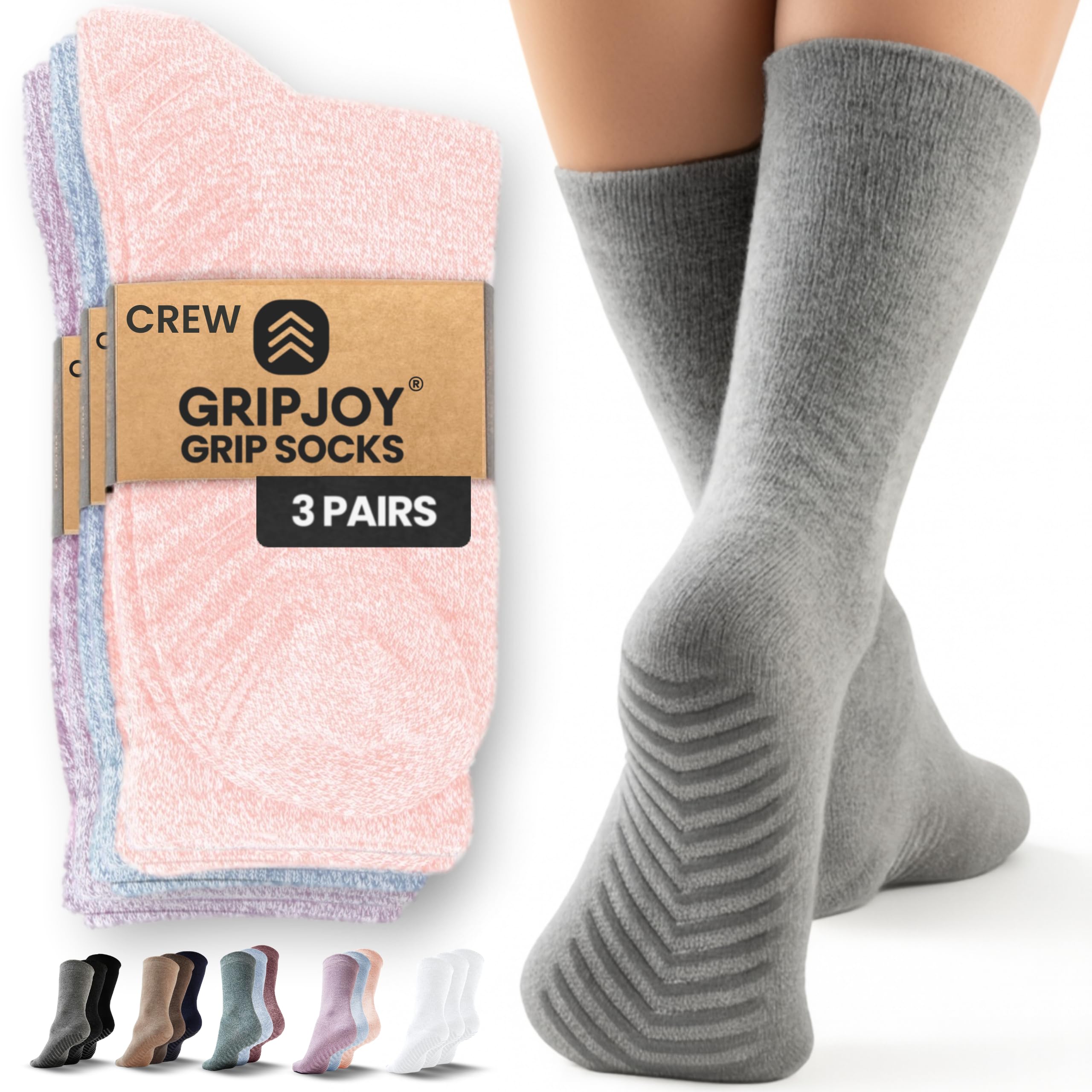 Gripjoy Unisex Pink/Purple/Blue Grip Socks For Women, Grippy, Non Slip, Gripper Socks For Women & Men, Pilates, Yoga, Hospital, 3 Pairs, Crew, L