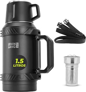 LEBENLANG Termo café de 1,5 litros - 24 horas de calor Incl. vaso, filtro para té & bandolera I Termos mate liquidos Botella termica fria 1 5 L Thermos montaña para cafe Thermos bottle agua calientes