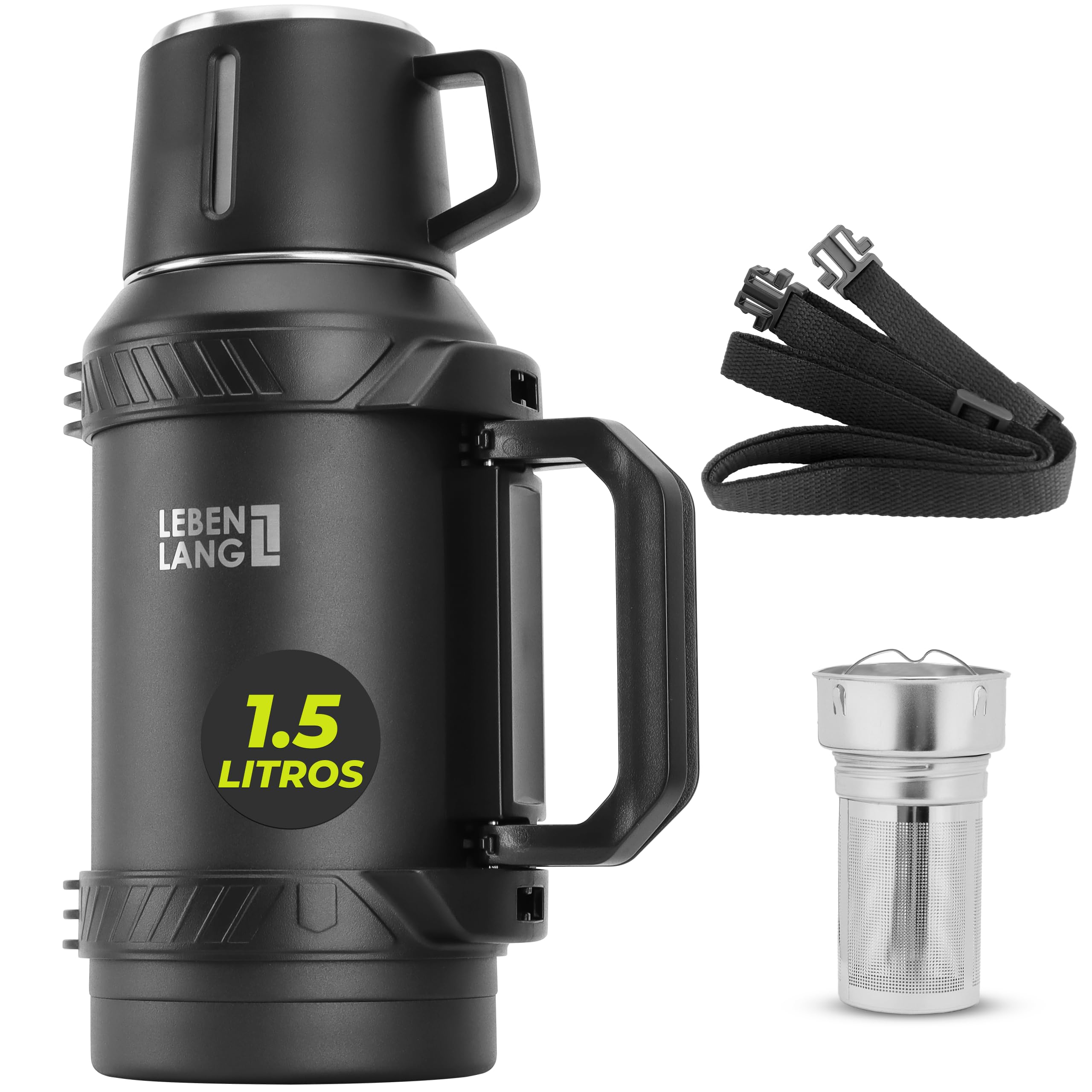 LEBENLANG Termo café de 1,5 litros - 24 horas de calor & Incl. vaso | Termos mate liquidos Botella termica fria 1 5 L montaña para cafe Thermos bottle agua calientes I filtro para té & bandolera